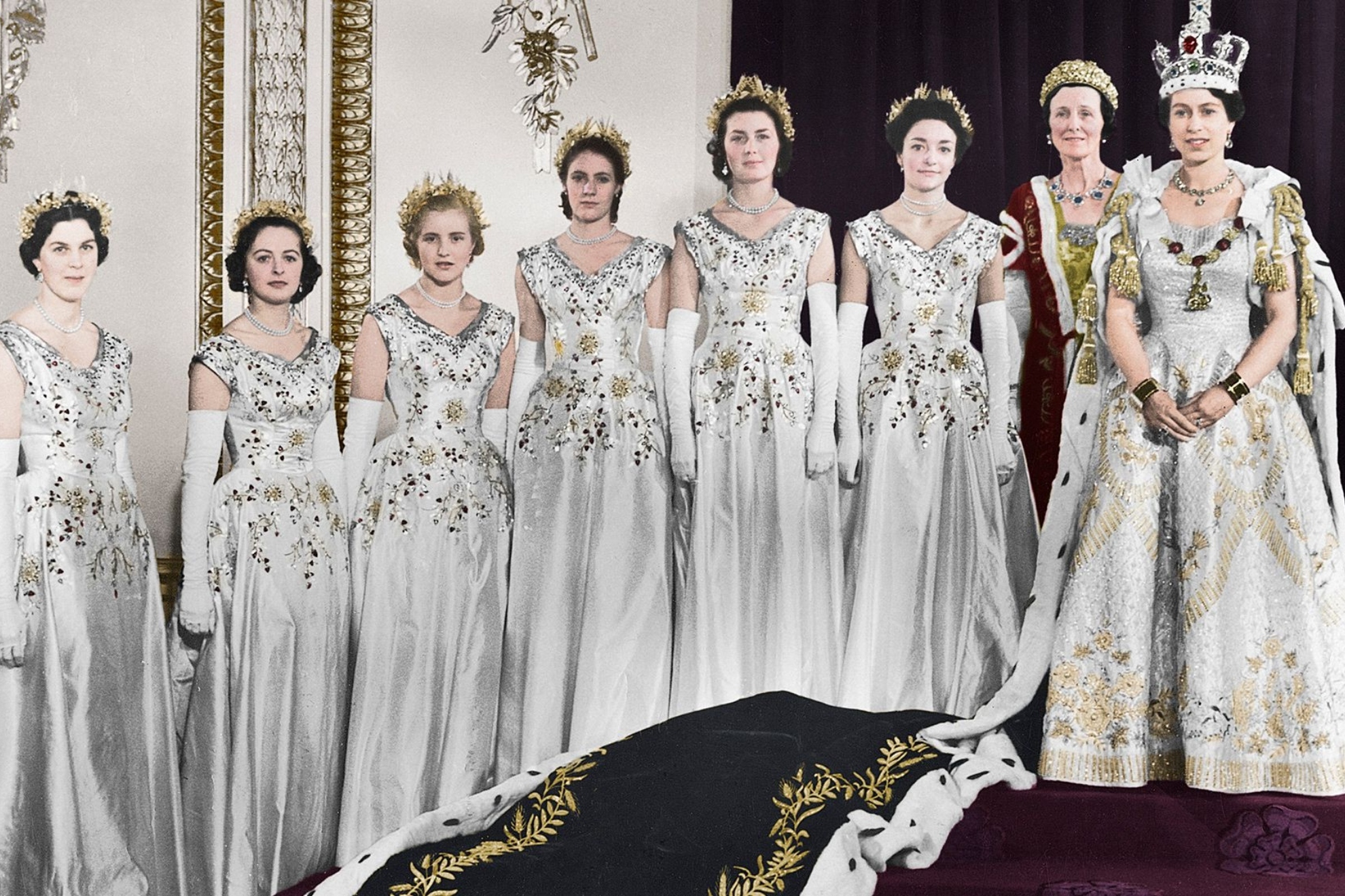 Queen Elizabeth and her maids of honor at her coronation