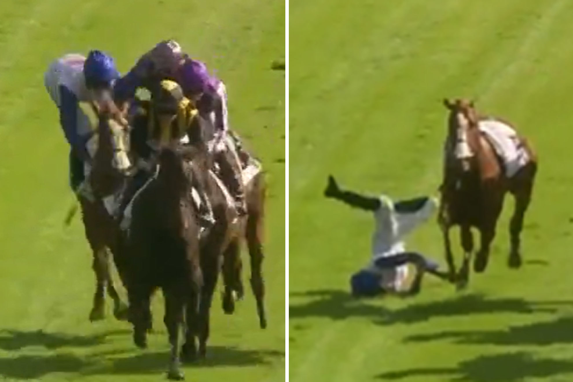 Un jockey empuja a su rival con un codazo terriblemente sucio y le tira del caballo