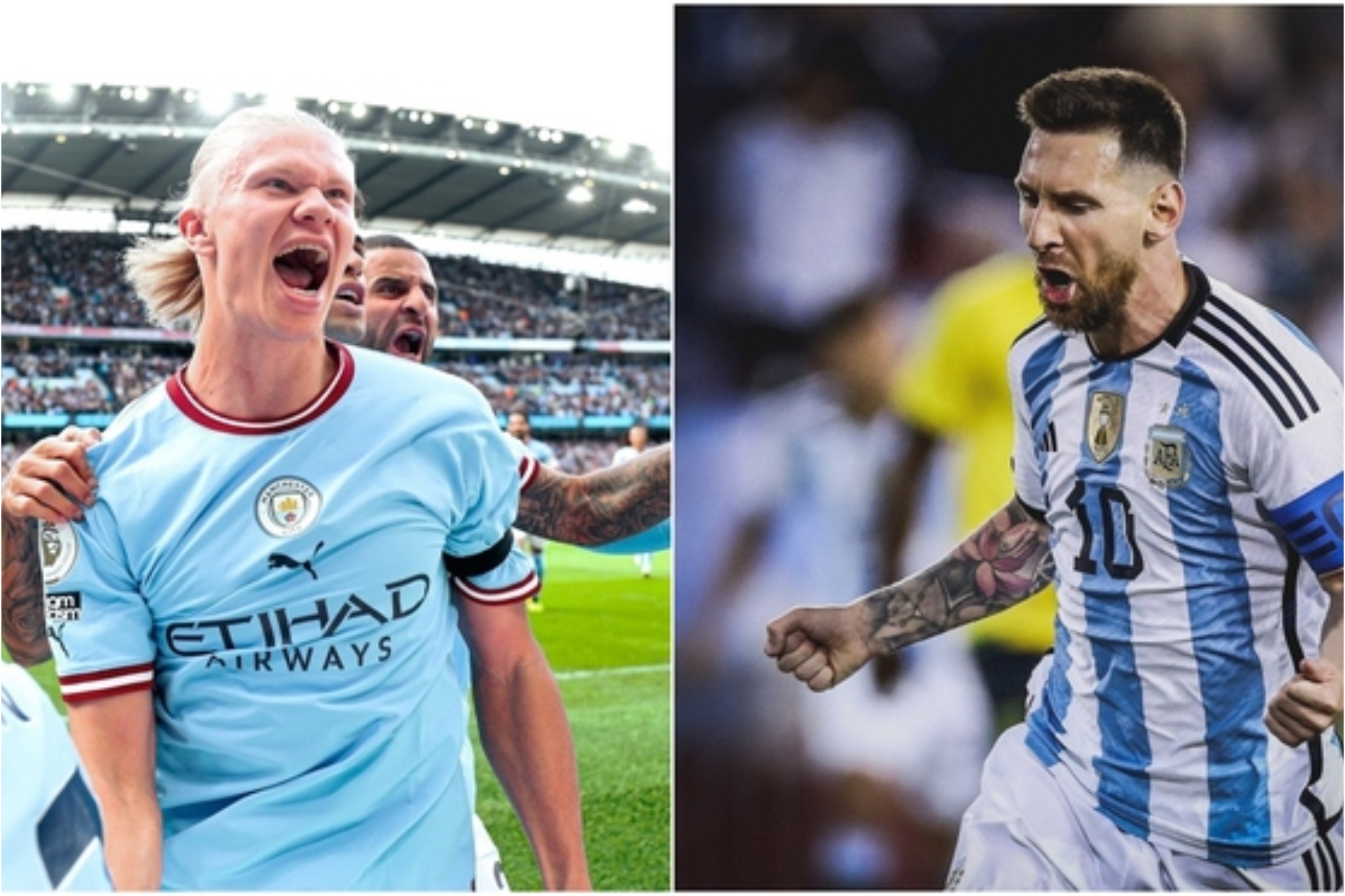 Haaland y Messi celebran goles con el City y con Argentina, respectivamente.