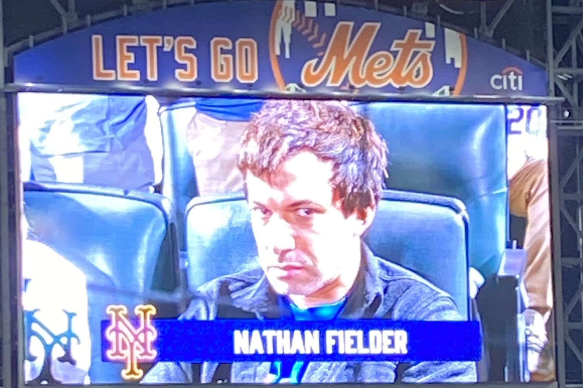 Nathan Fielder on the New York Mets jumbotron during Game 1 of Wild Card vs. San Diego Padres / @christianhoard