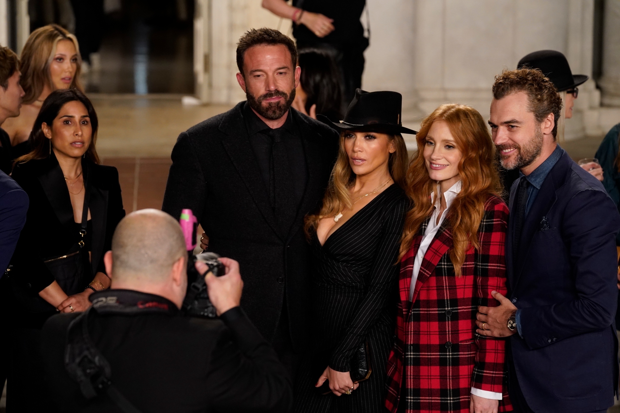 Ben Affleck, from left, Jennifer Lopez, Jessica Chastain and Gian Luca Passi de Preposulo attend the Ralph Lauren Spring 2023 Fashion Experience on Thursday, Oct. 13, 2022, at The Huntington in Pasadena, Calif. / AP