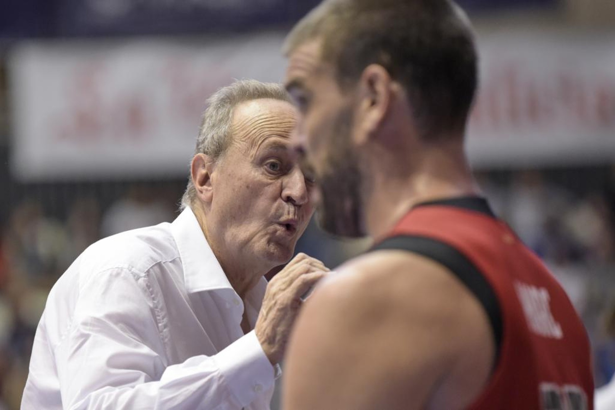 Ato da instrrucciones a sus jugadores con Marc Gasol en primer plano en un partido del Girona / ACB PHOTO