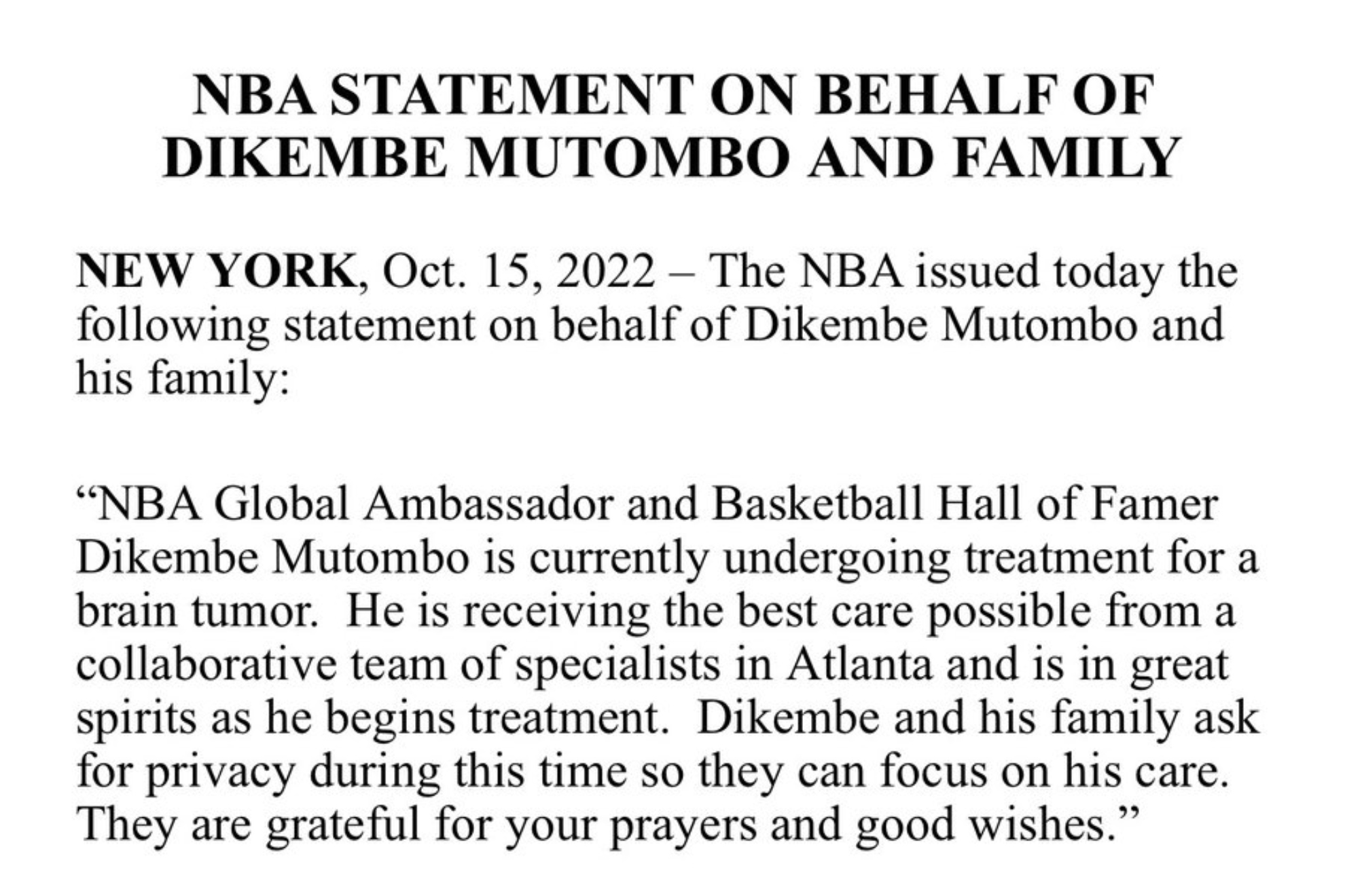 NBA announce Hall of Famer Dikembe Mutombo is undergoing treatment for a  brain tumour