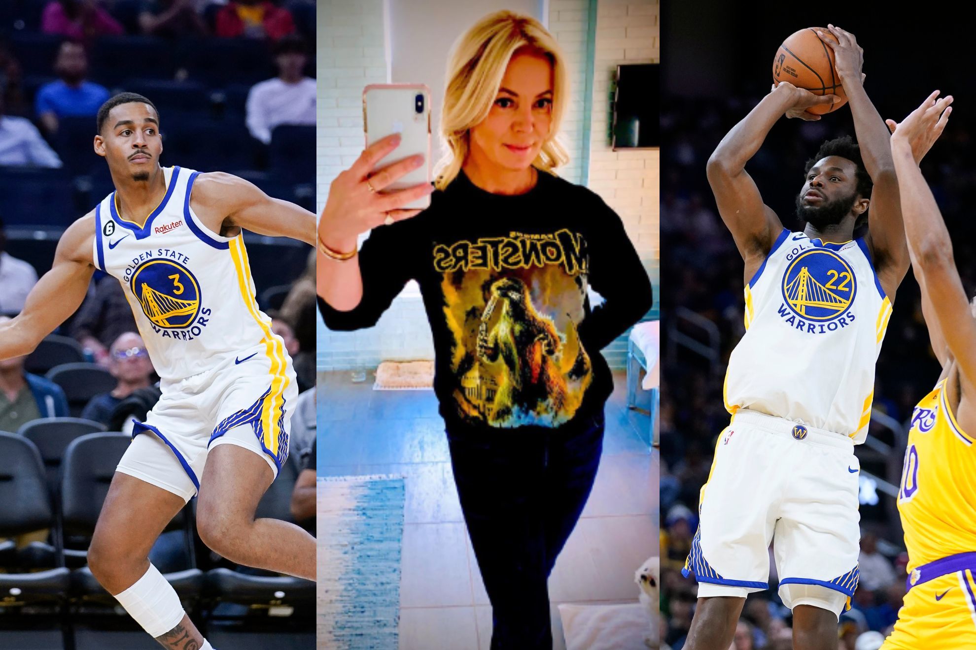 Jordan Poole (left) and Andrew Wiggins (right), Golden State Warriors / AP and Jeanie Buss, Los Angeles Lakers (middle) / @jeaniebuss - Instagram
