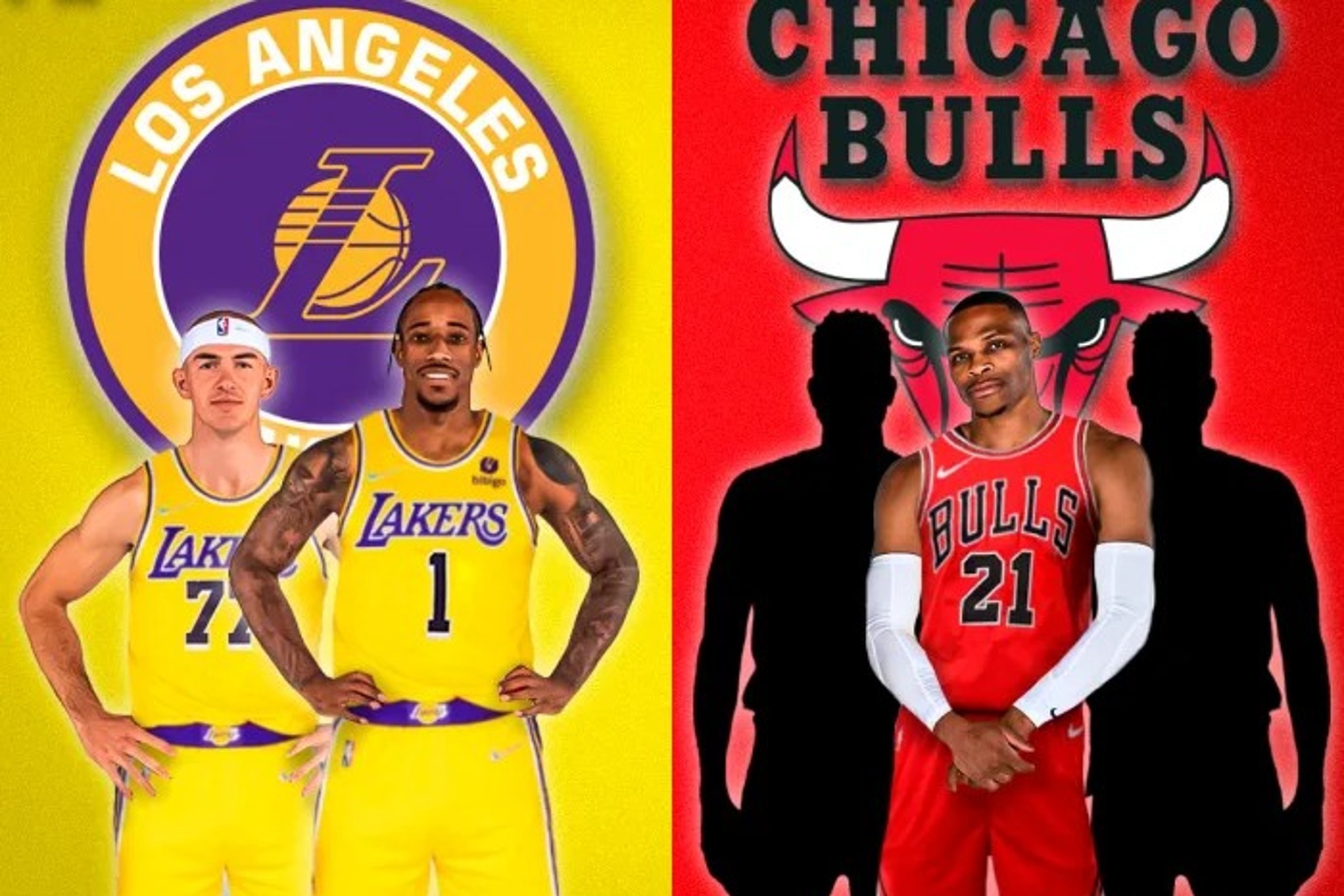 Así quedarían DeRozan y Carusso con la camiseta de los Lakers, y Westbrook con la de los Bulls.