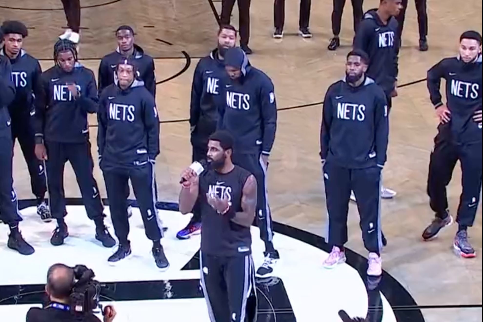 Kyrie Irving addresses fans at Barclays Center before opening night against the Pelicans.