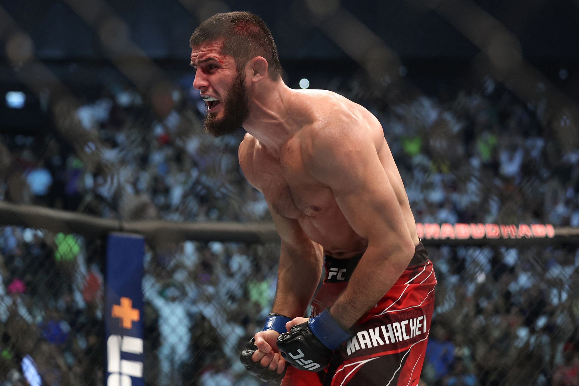 Makhachev en festejo por el título de peso ligero en UFC