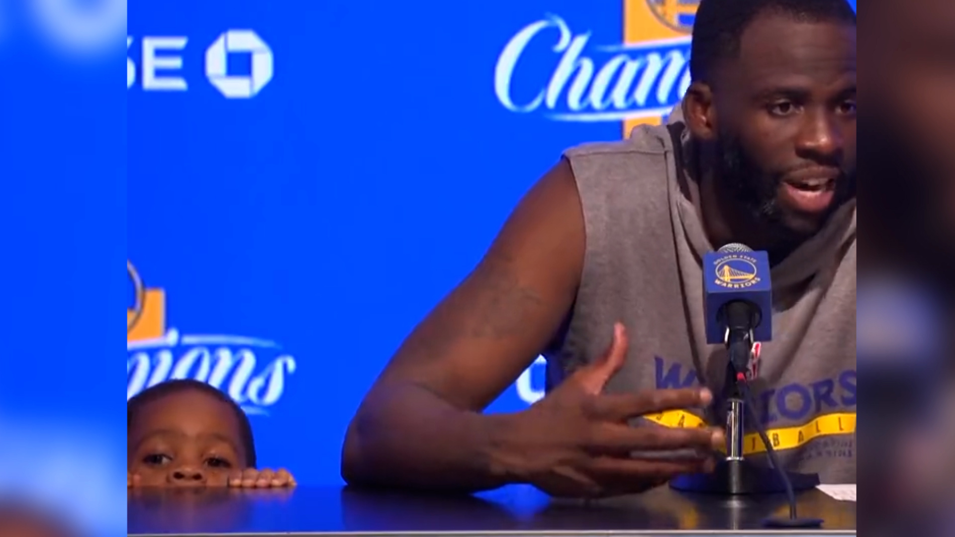 Draymond Green Jr plays peek-a-boo with journalists in father's post match press conference