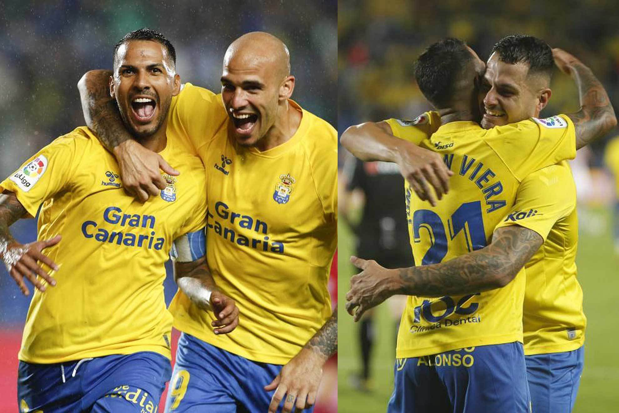 Jonathan Viera y Sandro celebran un gol al Granada y Vitolo abraza a Viera ante el Cartagena.