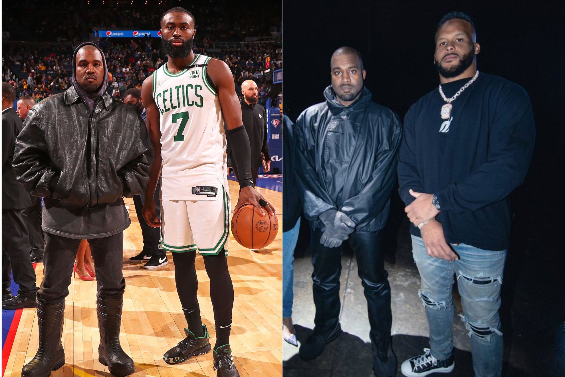 Kanye West posing with NBA All-Star Jaylen Brown (left) and Rams star Aaron Donald when they announced their signings to the Donda Sports agency.