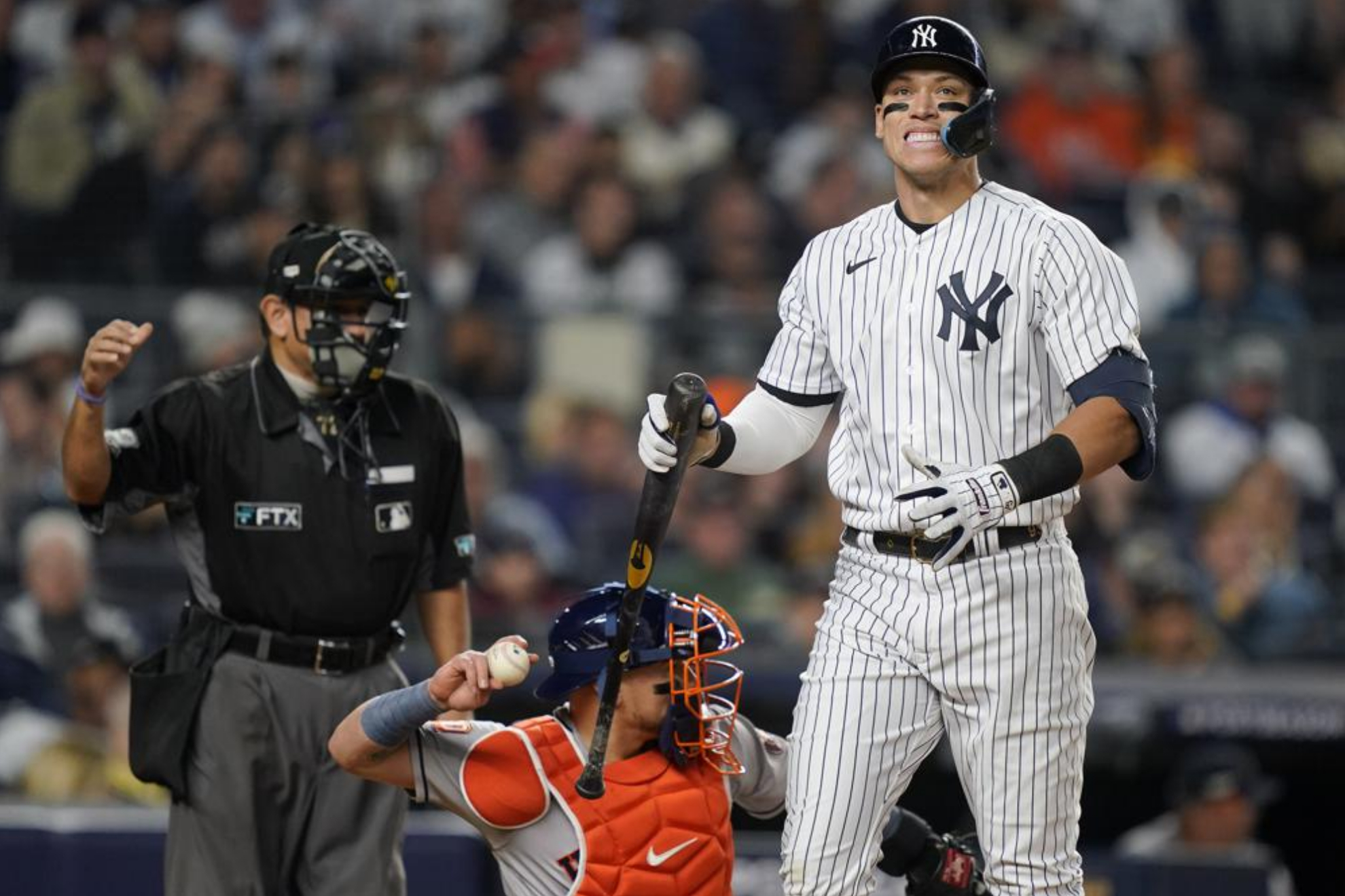 Aaron Judge reacts after striking out against the Houston Astros.