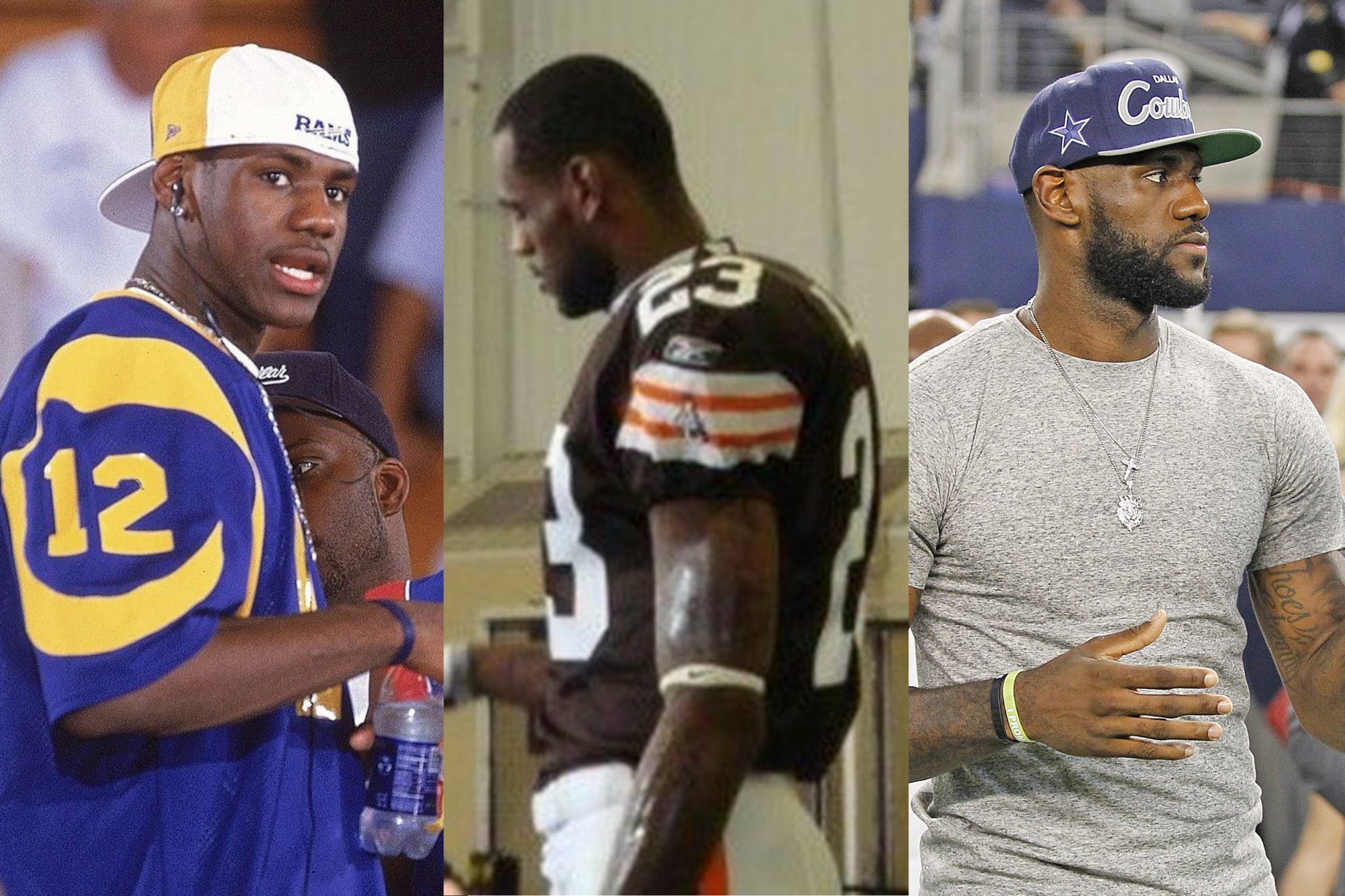 LeBron James throughout the years: with a Rams jersey, a Browns uniform, and a Dallas Cowboys hat at AT&T Stadium.