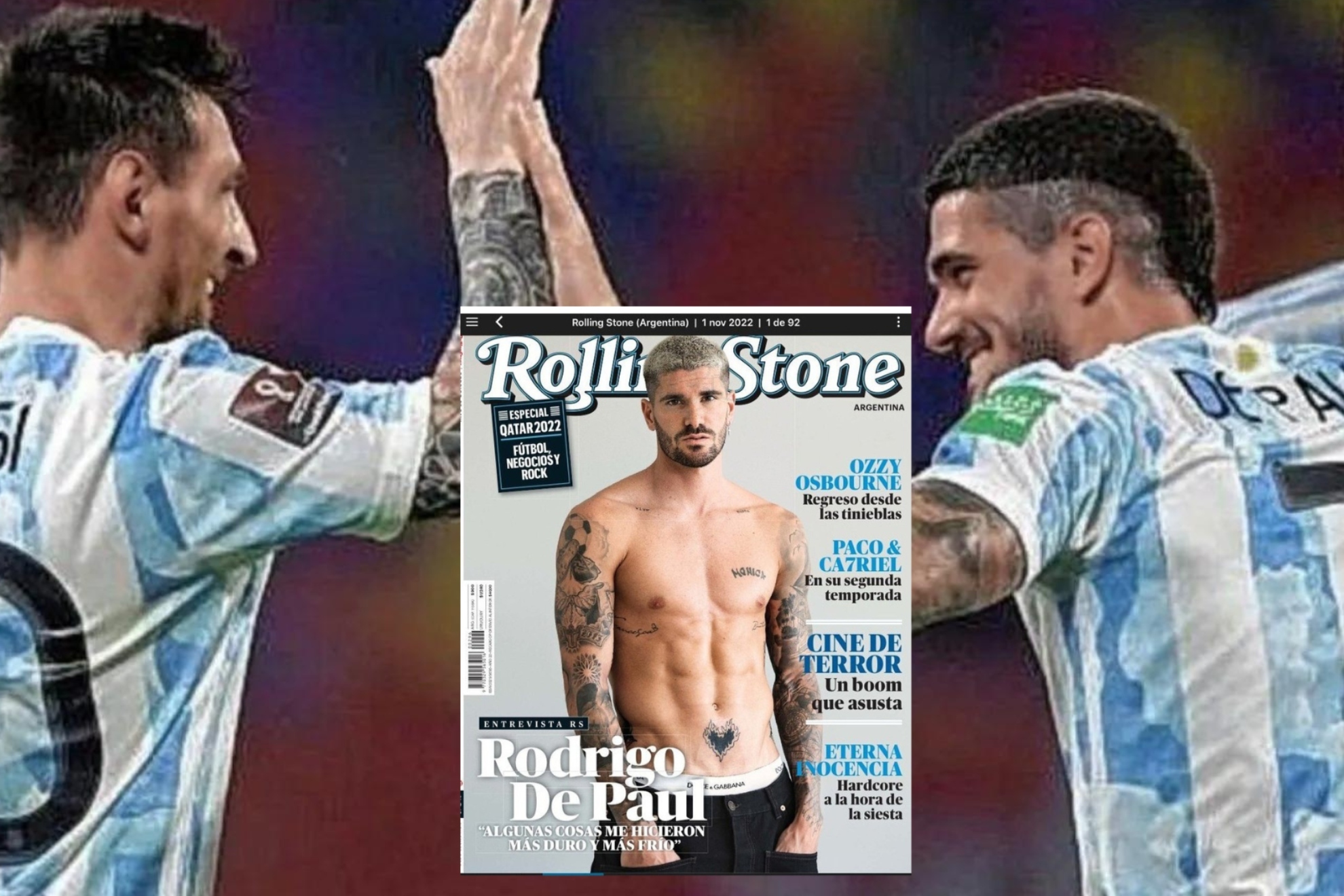 Messi y De Paul se saludan ante la mirada de Di María, con la portada de la revista 'Rolling Stones'.