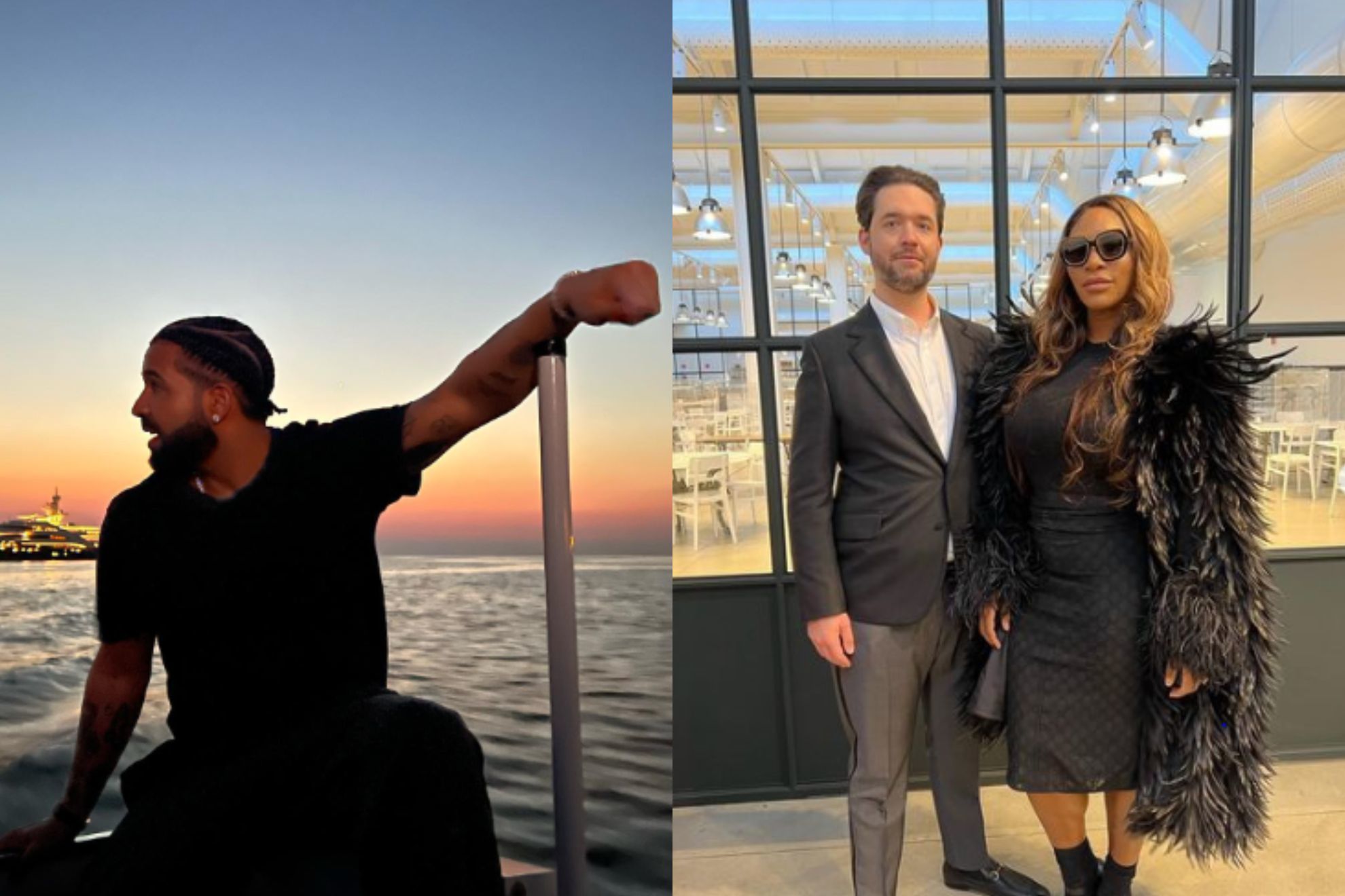 Drake (left) and Serena Williams, husband Alexis Ohanian (right)
