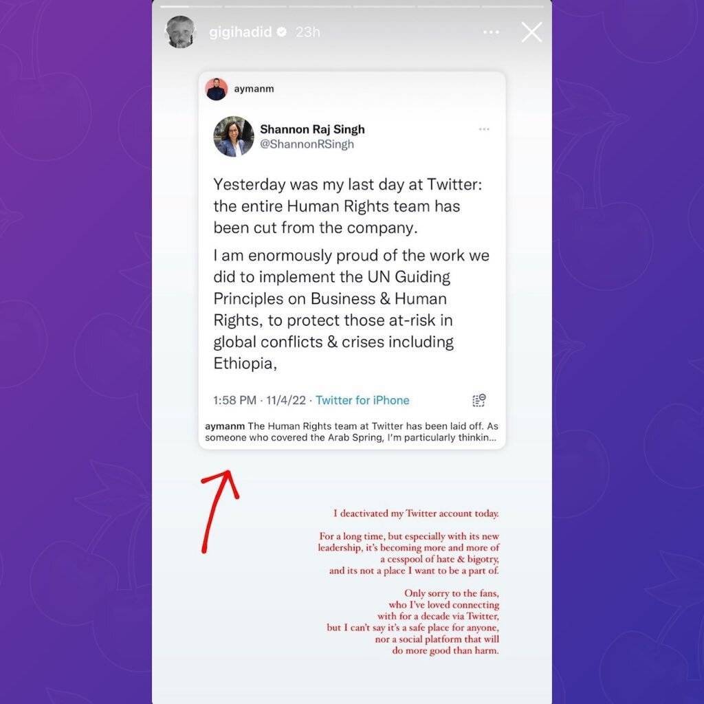 Gigi Hadid se deshace de su cuenta de Twitter tras la llegada de Elon Musk