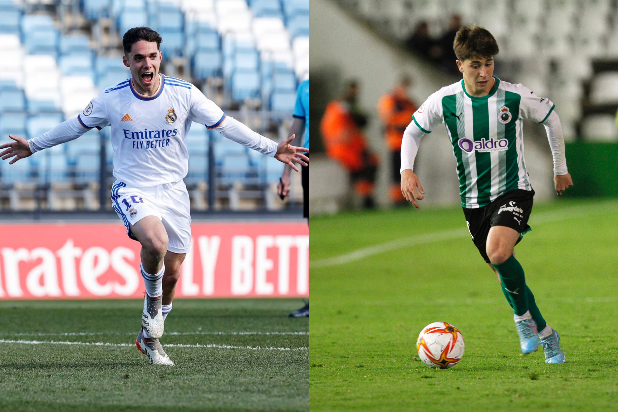 Arribas celebra un gol con el Castilla y Pablo Torre conduce la pelota en un partido con el Racing de Santander.