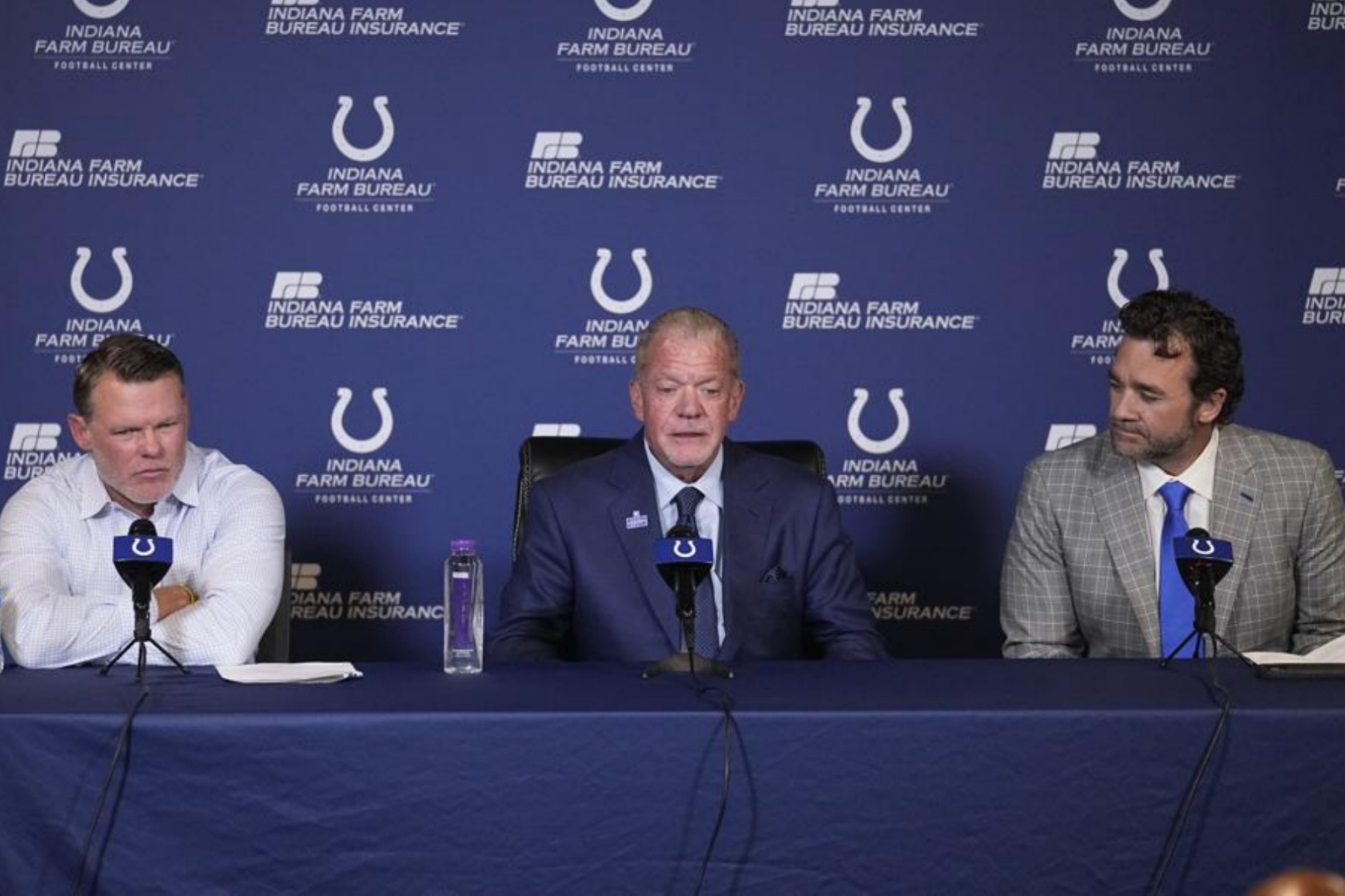 Indianapolis Colts owner Jim Irsay speaks as general manager Chris Ballard and interim coach Jeff Saturday listen.
