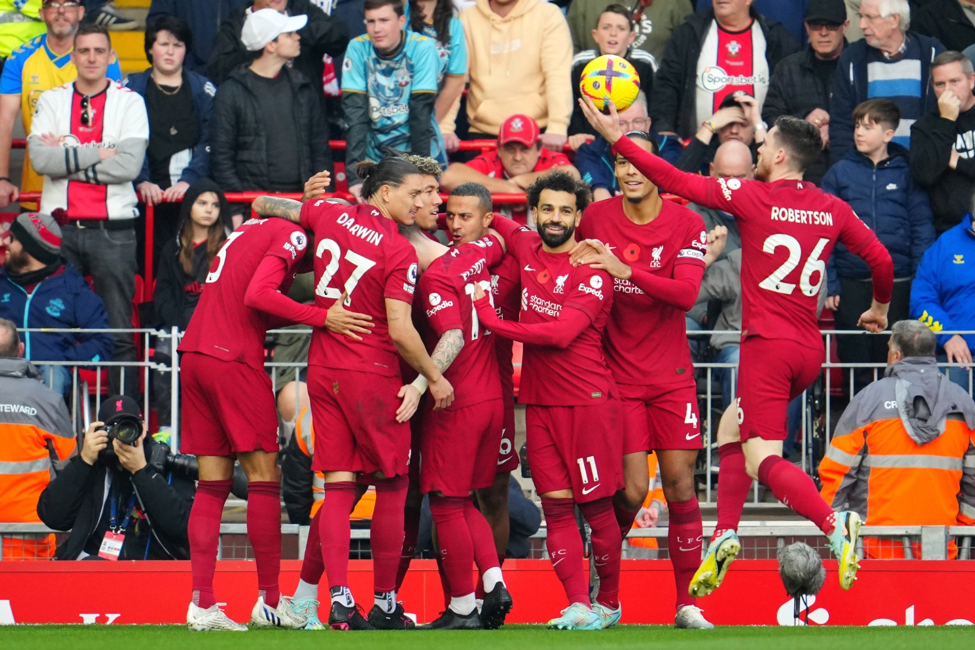 Liverpool players celebrate.
