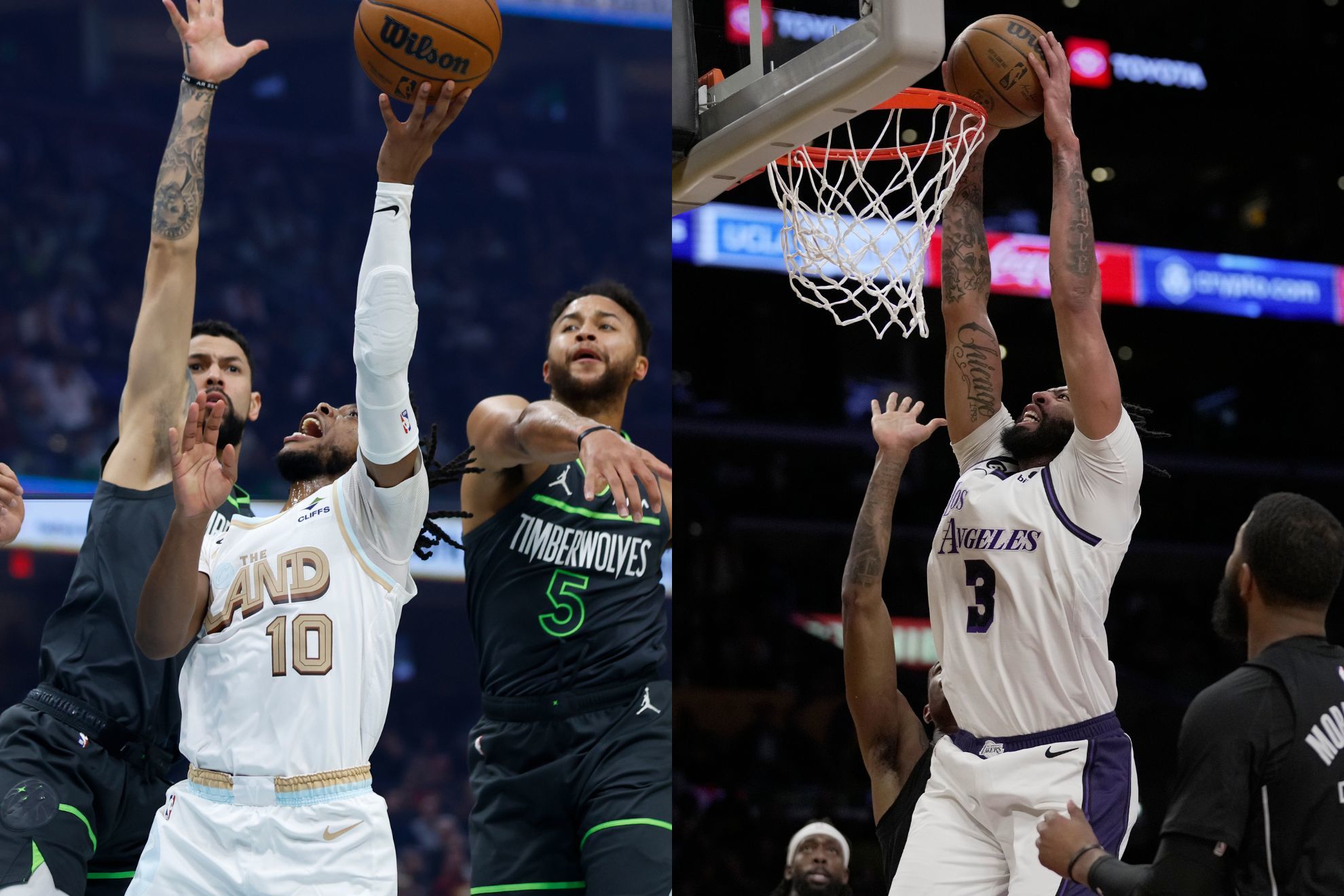 Minnesota Timberwolves at Cleveland Cavaliers (left) and Brooklyn Nets at Los Angeles Lakers (right)