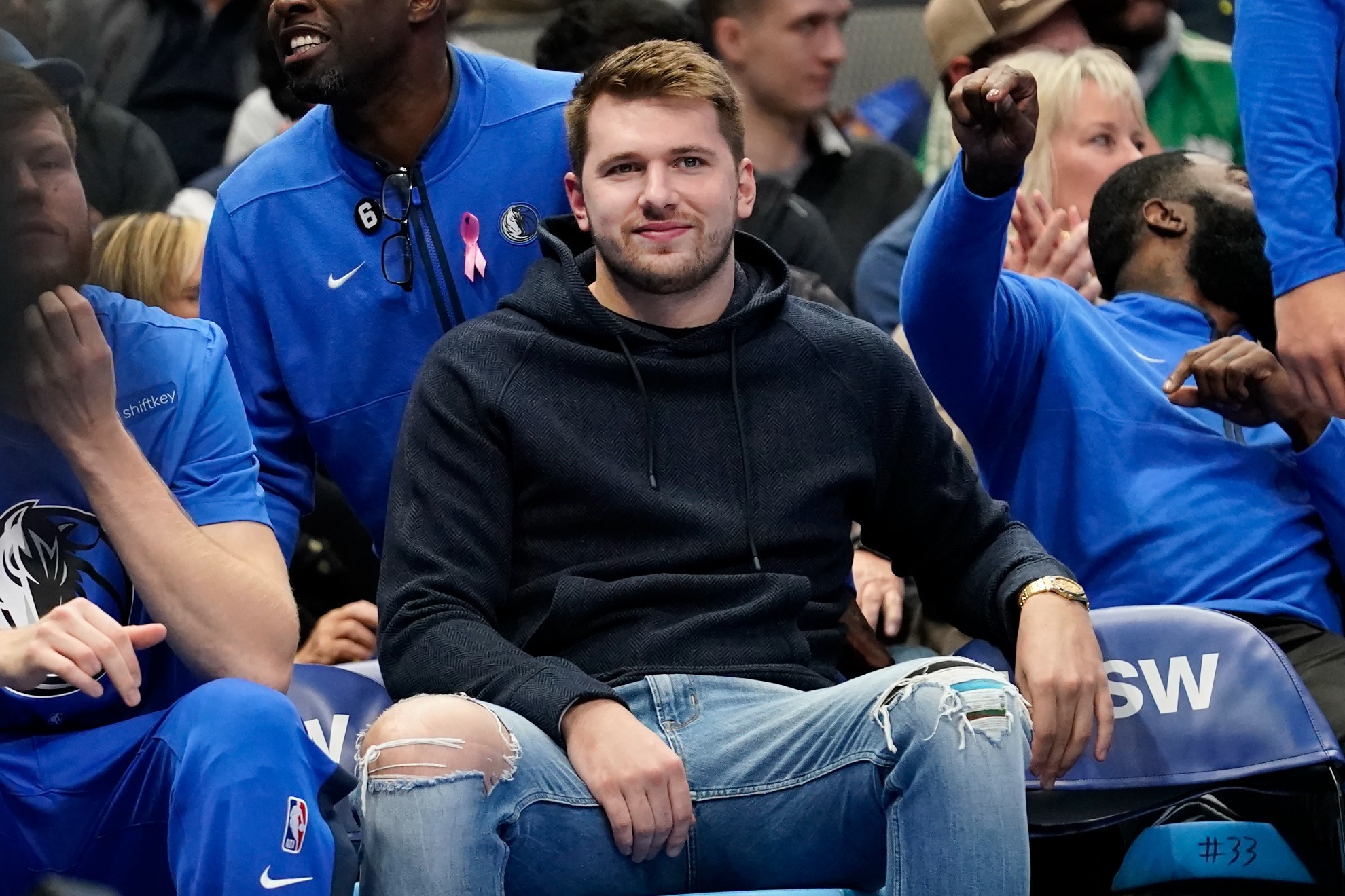 Luka Doncic on the bench against the Rockets.