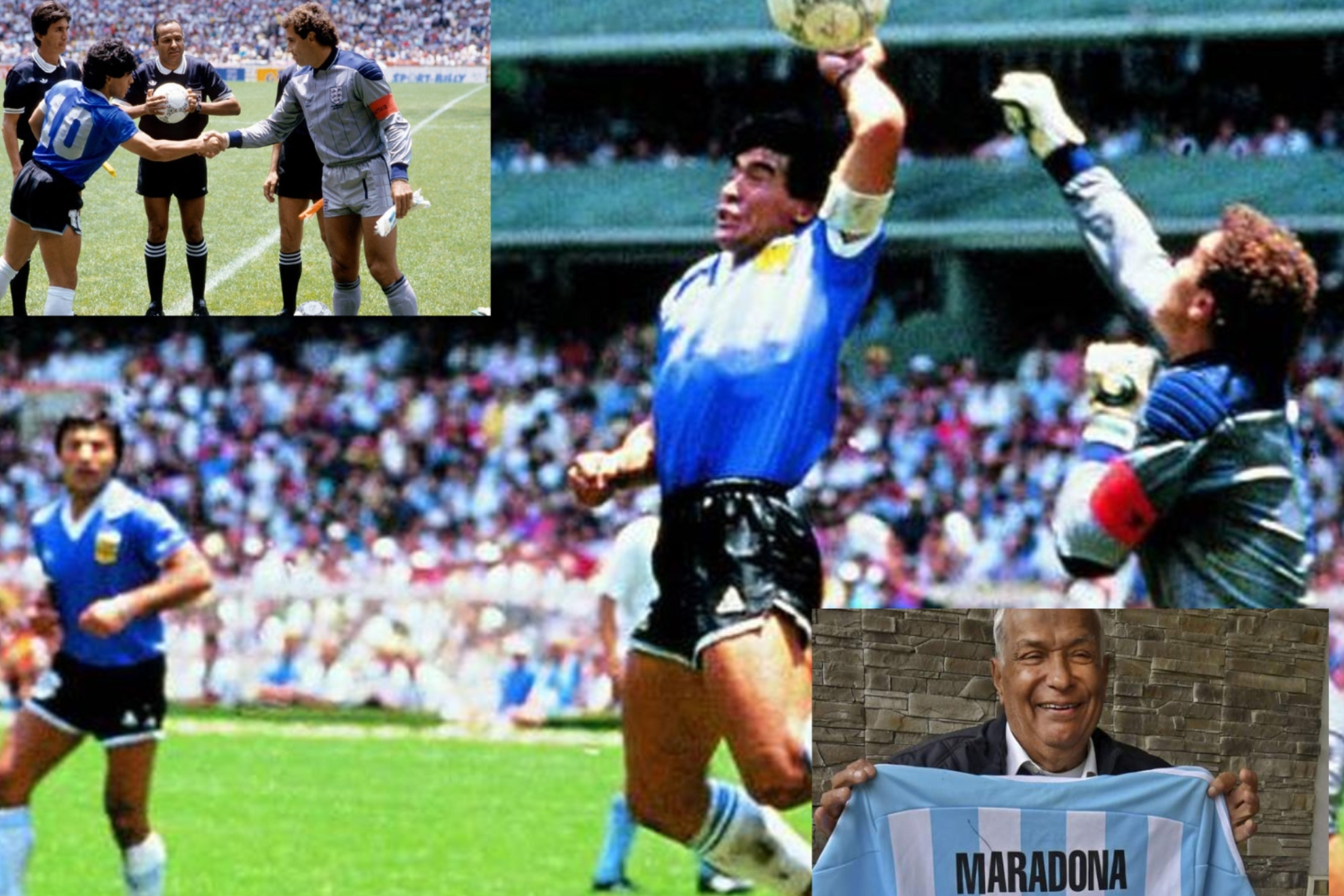'La mano de Dios', el saludo de Maradona y Shilton y el árbitro con una camiseta de Diego.