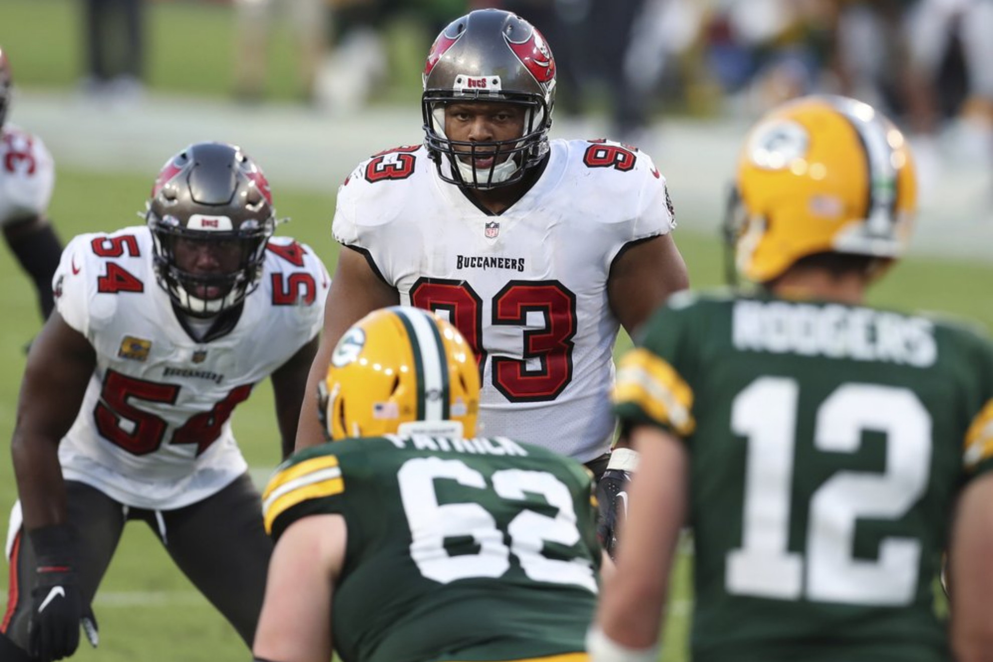 Tampa Bay Buccaneers defensive end Ndamukong Suh (93) lines up against the Green Bay Packers.