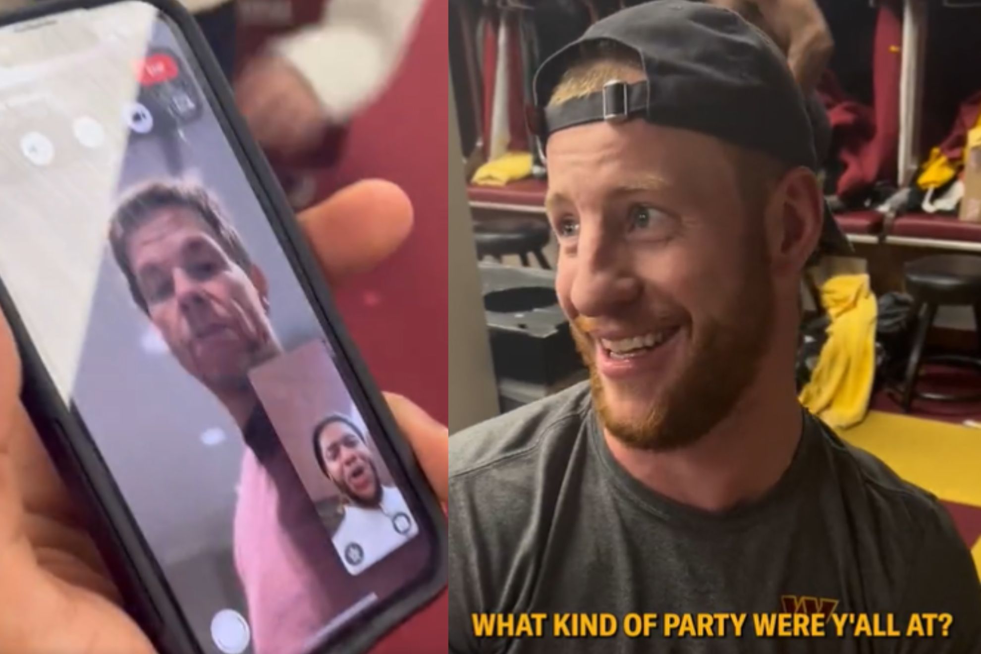 Mark Wahlberg and Chase Young on FaceTime (left) and Carson Wentz (right)
