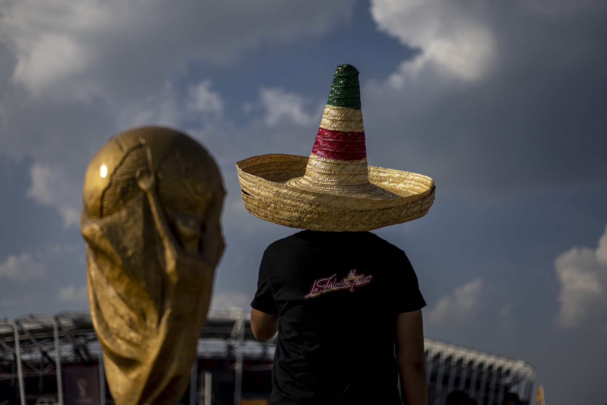 A fan and the World Cup trophy in Qatar
