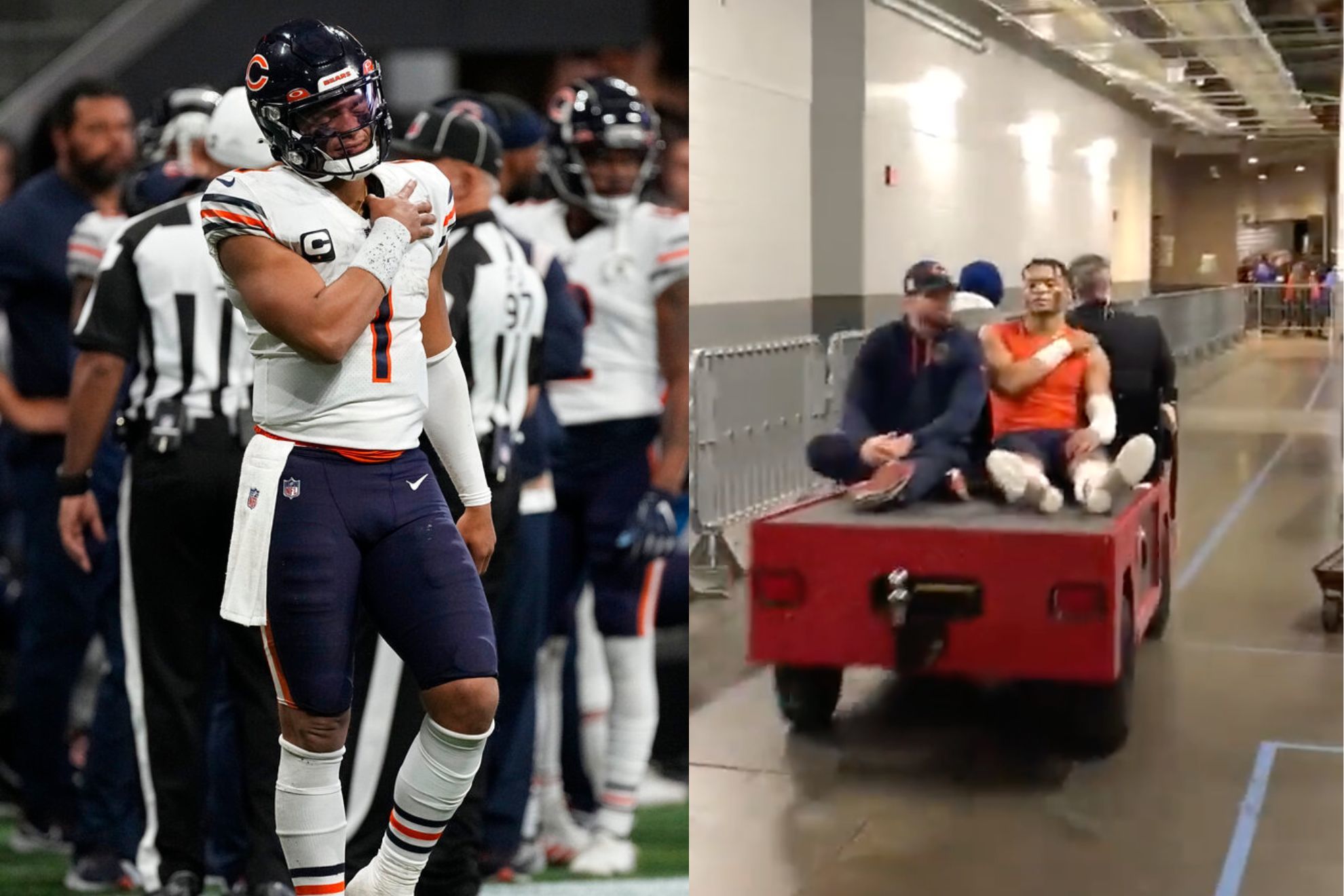 Justin Fields holding his left shoulder during the loss against the Atlanta Falcons, then being carted off to locker room.