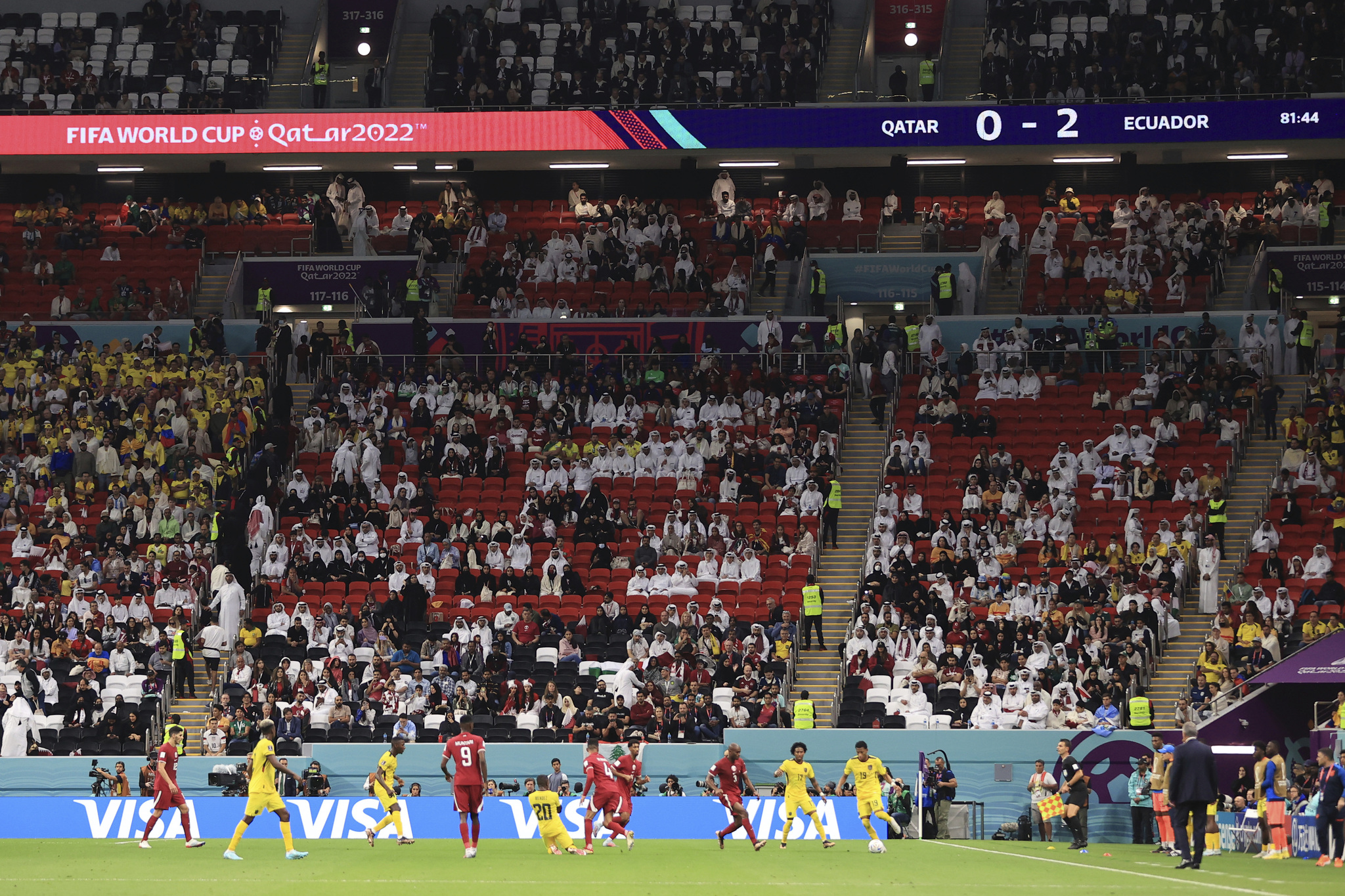 AL KHOR,  lt;HIT gt;QATAR lt;/HIT gt; - NOVEMBER 20: Empty seats are seen within the stadium during the FIFA World Cup  lt;HIT gt;Qatar lt;/HIT gt; 2022 Group A match between  lt;HIT gt;Qatar lt;/HIT gt; and Ecuador at Al Bayt Stadium on November 20, 2022 in Al Khor,  lt;HIT gt;Qatar lt;/HIT gt;. (Photo by Simon Stacpoole/Offside/Offside via Getty Images)