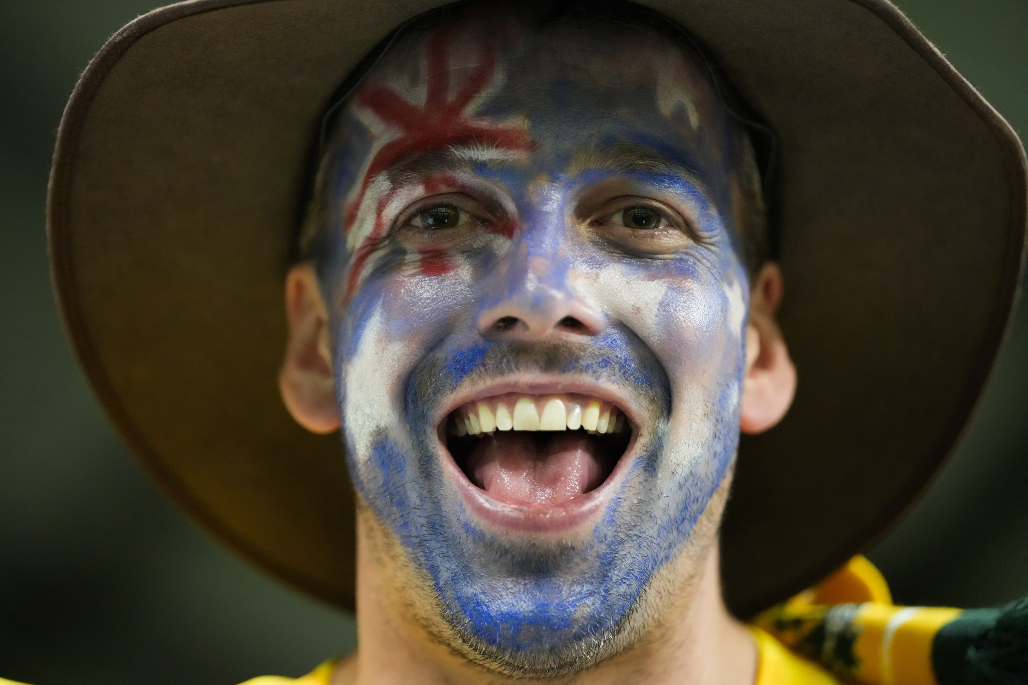 Australian fans cheers before the World Cup group D soccer match between France and  lt;HIT gt;Australia lt;/HIT gt;, at the Al Janoub Stadium in Al Wakrah, Qatar, Friday, Nov. 4, 2022. (AP Photo/Frank Augstein)