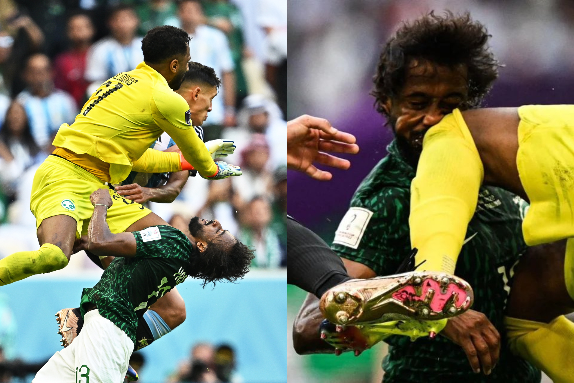 Momento en el que la rodilla del portero de Arabia Saudí golpea en la cara de Al-Shahrani enel duelo ante Argentina.