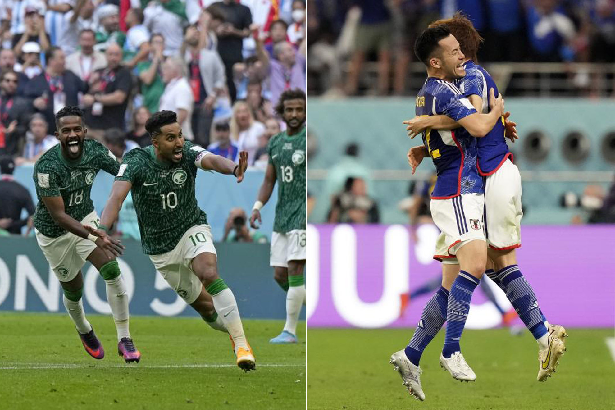 Los jugadores de Arabia Saudí y Japón celebran sus goles ante Argentina y Alemania.