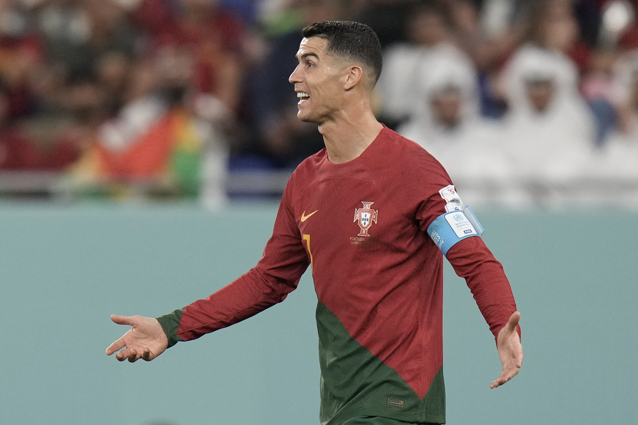 Portugal's  lt;HIT gt;Cristiano lt;/HIT gt; Ronaldo gestures during the World Cup group H soccer match between Portugal and Ghana, at the Stadium 974 in Doha, Qatar, Thursday, Nov. 24, 2022. (AP Photo/Hassan Ammar)