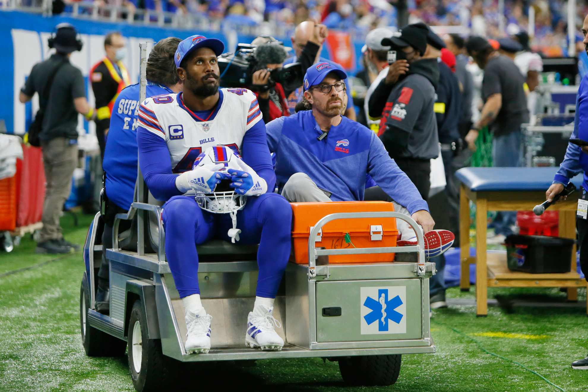 Buffalo Bills linebacker Von Miller is carted off the field against the Detroit Lions.