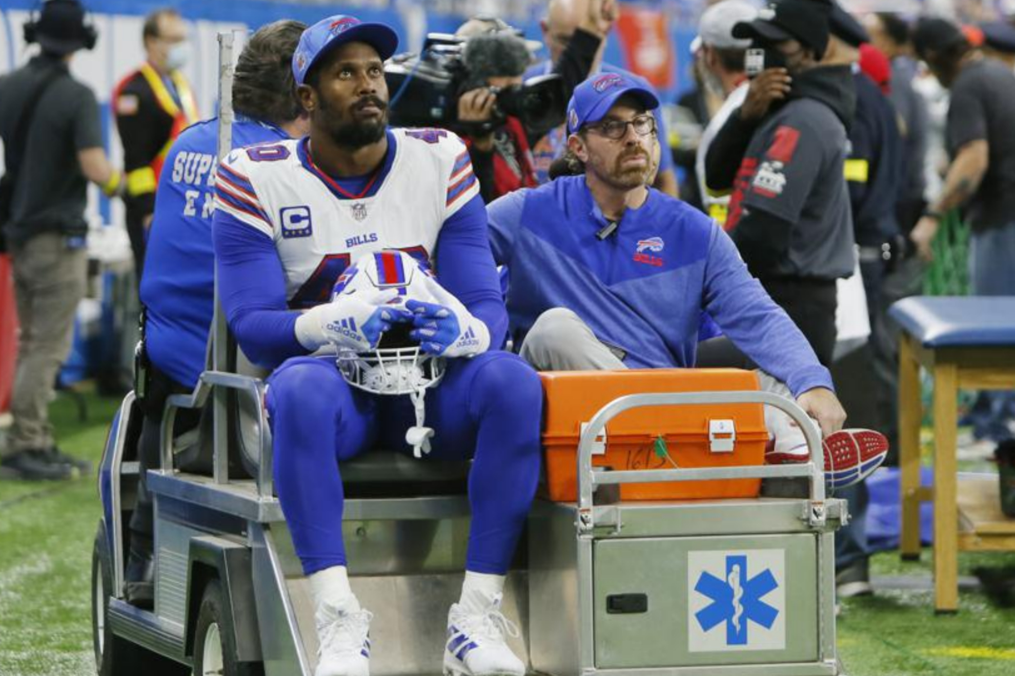 Von Miller was carted off the sidelines to the locker room during the game against the Lions.