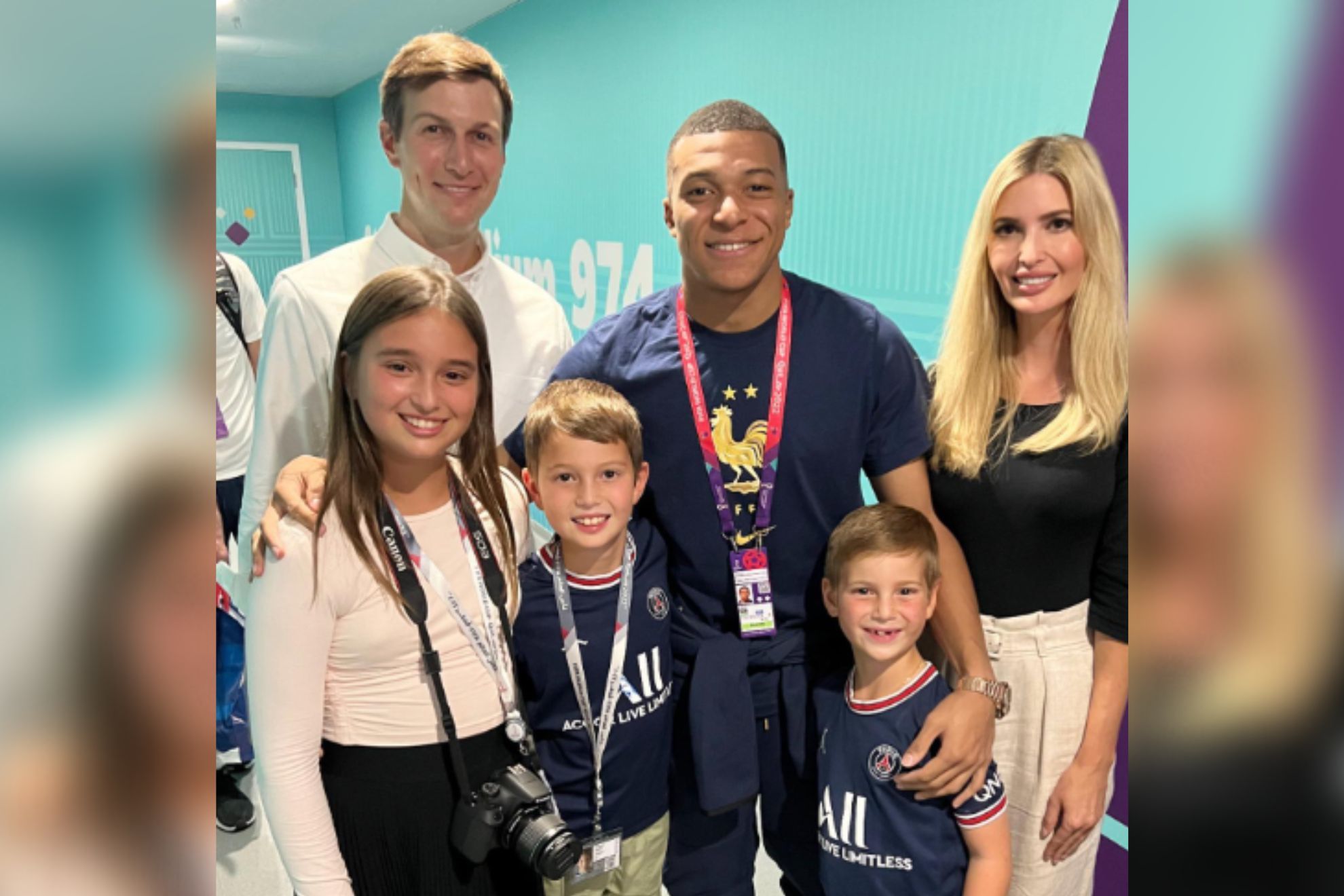 Kylian Mbappe poses for a photo with Ivanka Trump, Jared Kushner and their three children