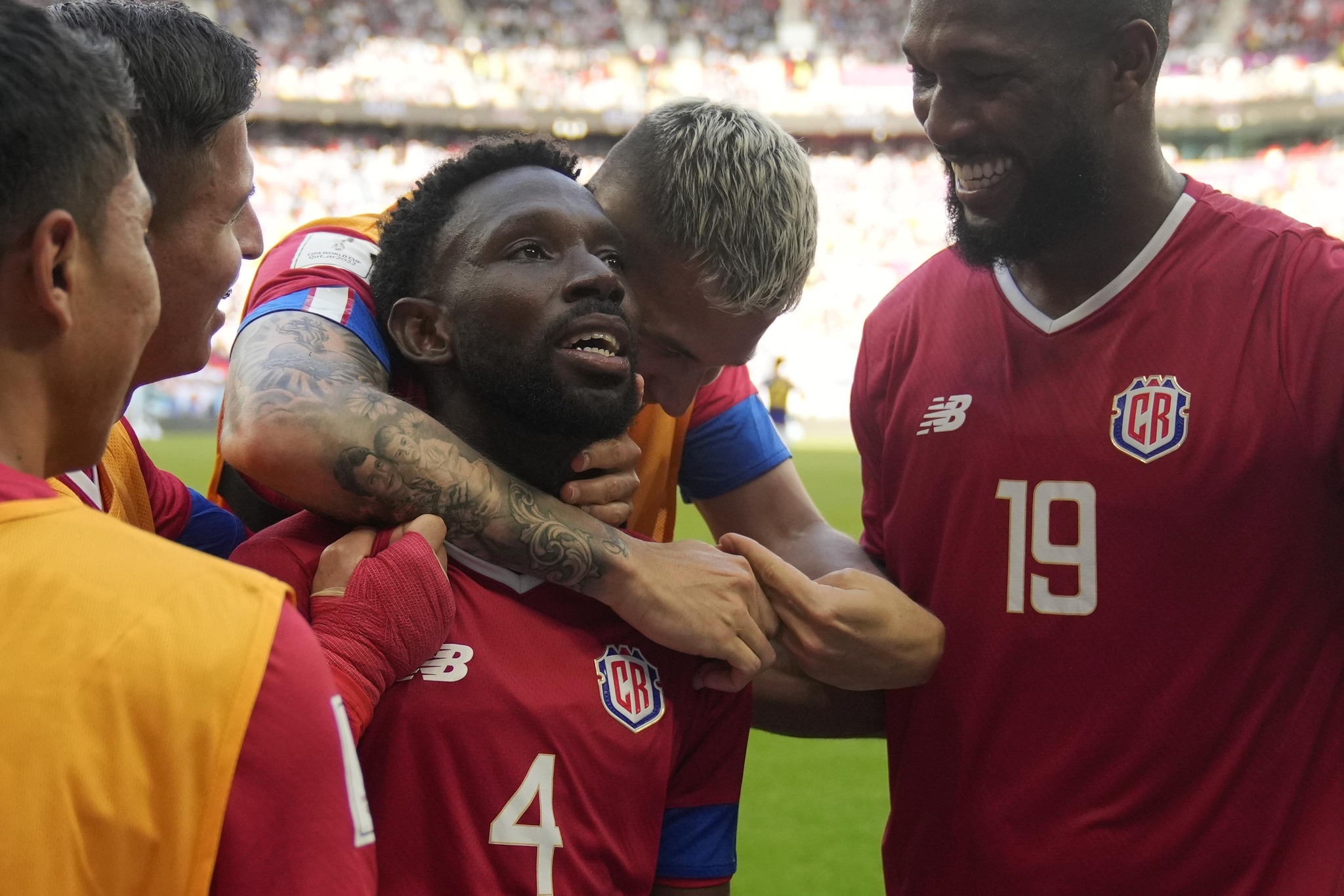  lt;HIT gt;Costa lt;/HIT gt;  lt;HIT gt;Rica lt;/HIT gt;'s Keysher Fuller celebrates with team mates after scoring his side's opening  lt;HIT gt;goal lt;/HIT gt; during the World Cup, group E soccer match between Japan and  lt;HIT gt;Costa lt;/HIT gt;  lt;HIT gt;Rica lt;/HIT gt;, at the Ahmad Bin Ali Stadium in Al Rayyan , Qatar, Sunday, Nov. 27, 2022. (AP Photo/Francisco Seco)