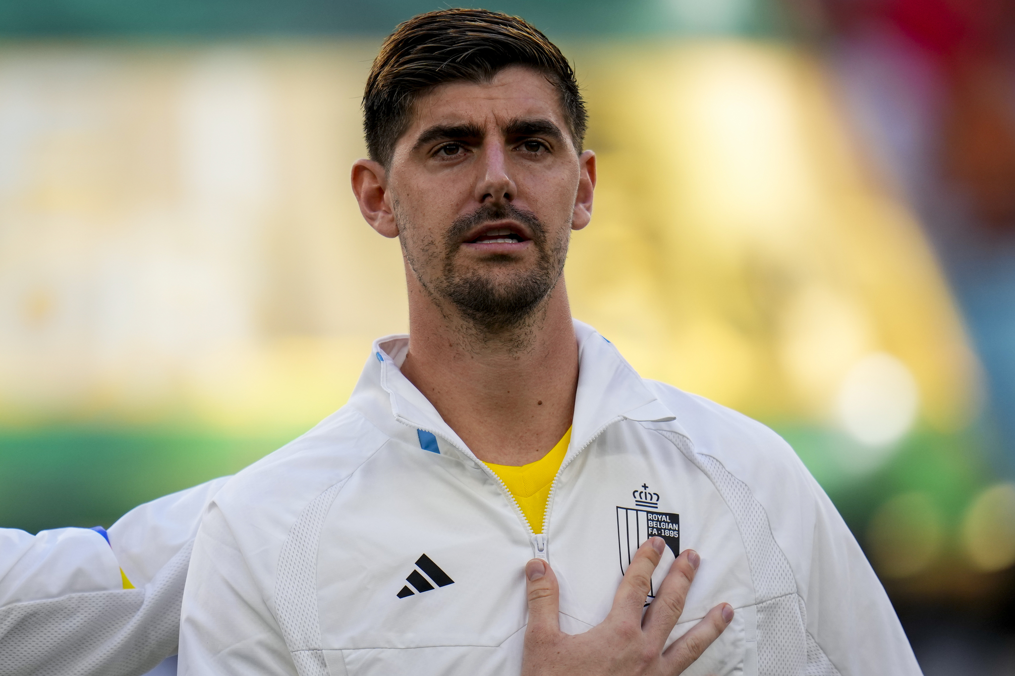  lt;HIT gt;Belgium lt;/HIT gt;'s goalkeeper Thibaut Courtois sings his national anthem prior to a World Cup group F soccer match between  lt;HIT gt;Belgium lt;/HIT gt; and  lt;HIT gt;Morocco lt;/HIT gt; at the Al Thumama Stadium in Doha, Qatar, Sunday, Nov. 27, 2022. (AP Photo/Manu Fernandez)