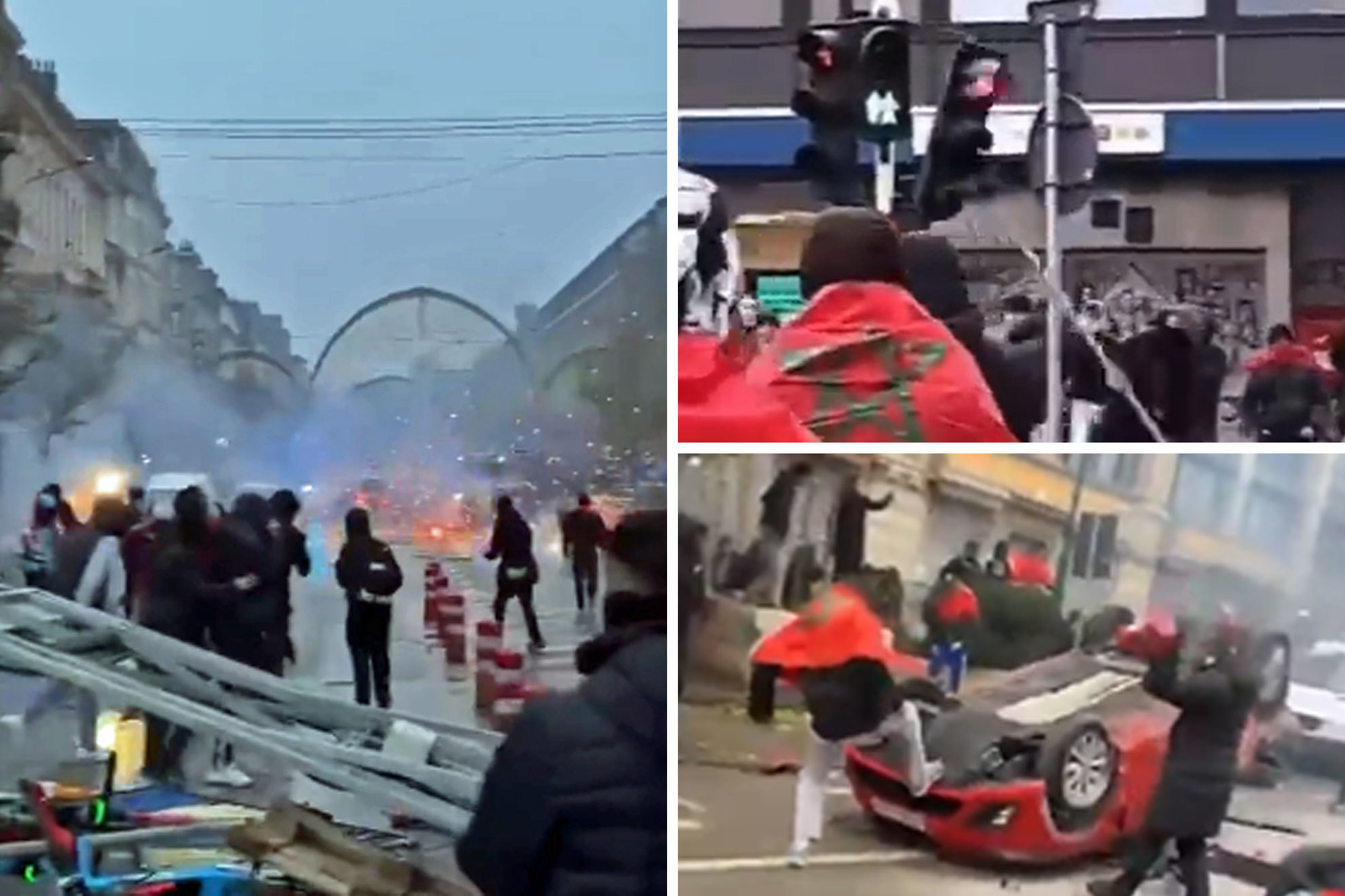 Caos en Bruselas tras el Bélgica-Marruecos: batalla contra la Policía, coches volcados, mobiliario reventado...