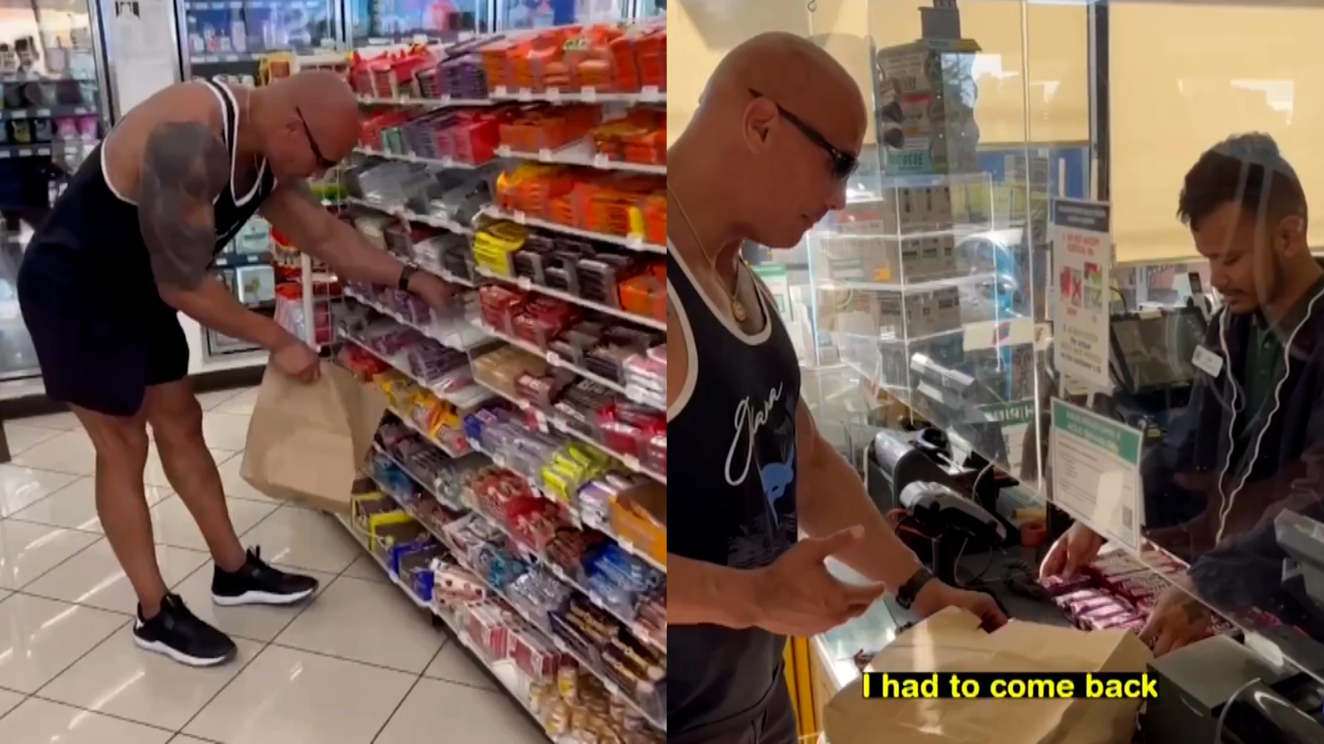 Dwayne 'the rock' Johnson buys every single Snickers bar at Hawaii 7-Eleven to "right the wrongs" of his childhood