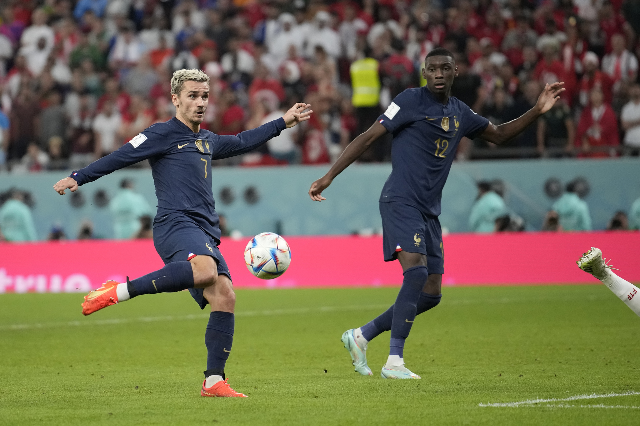  lt;HIT gt;France lt;/HIT gt;'s Antoine Griezmann kicks the ball to score his side opening goal that was later disallowed during the World Cup group D soccer match between Tunisia and  lt;HIT gt;France lt;/HIT gt; at the Education City Stadium in Al Rayyan , Qatar, Wednesday, Nov. 30, 2022. (AP Photo/Christophe Ena)