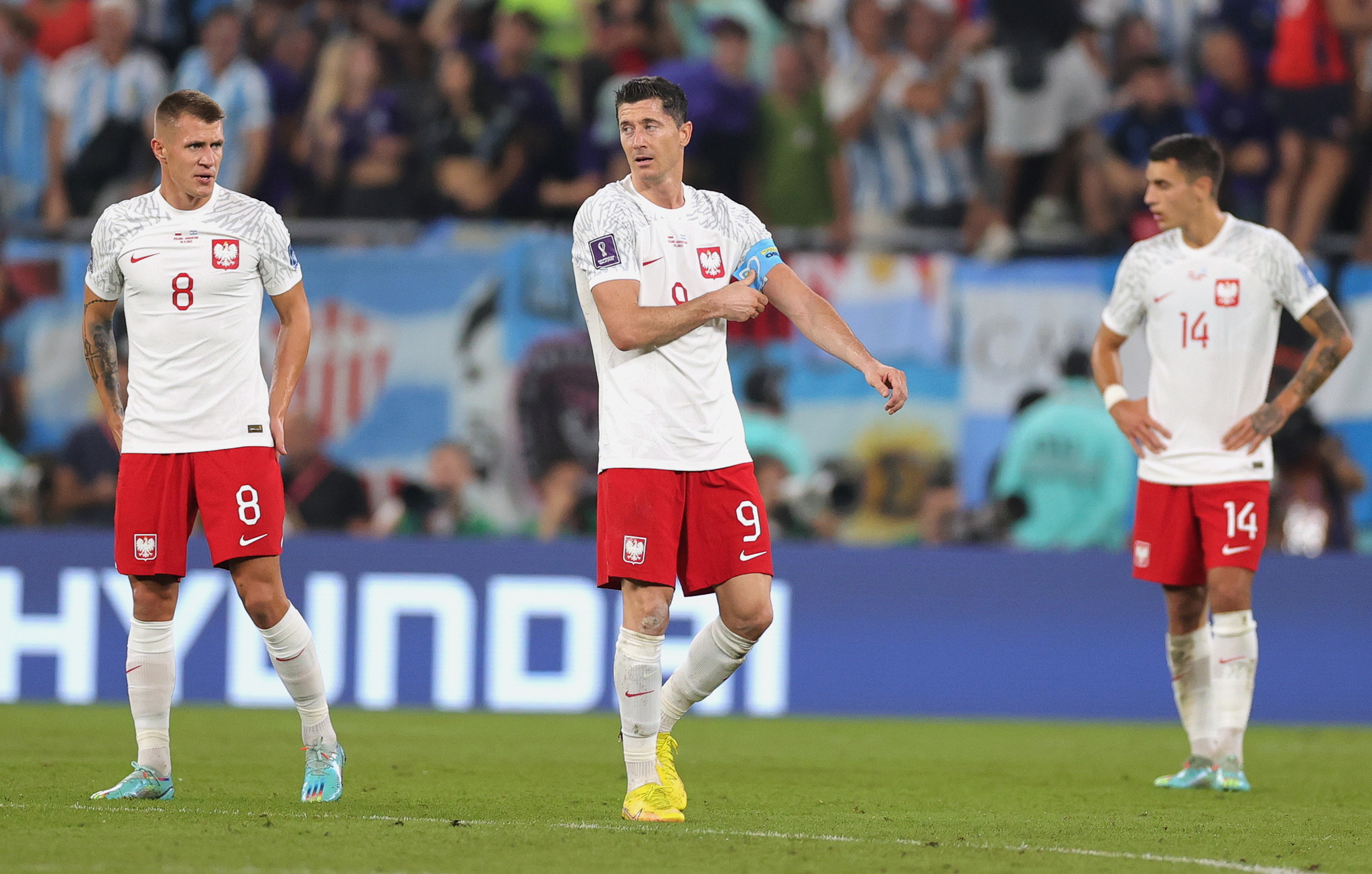 Poland's captain Robert Lewandowski (C) and teammates react 