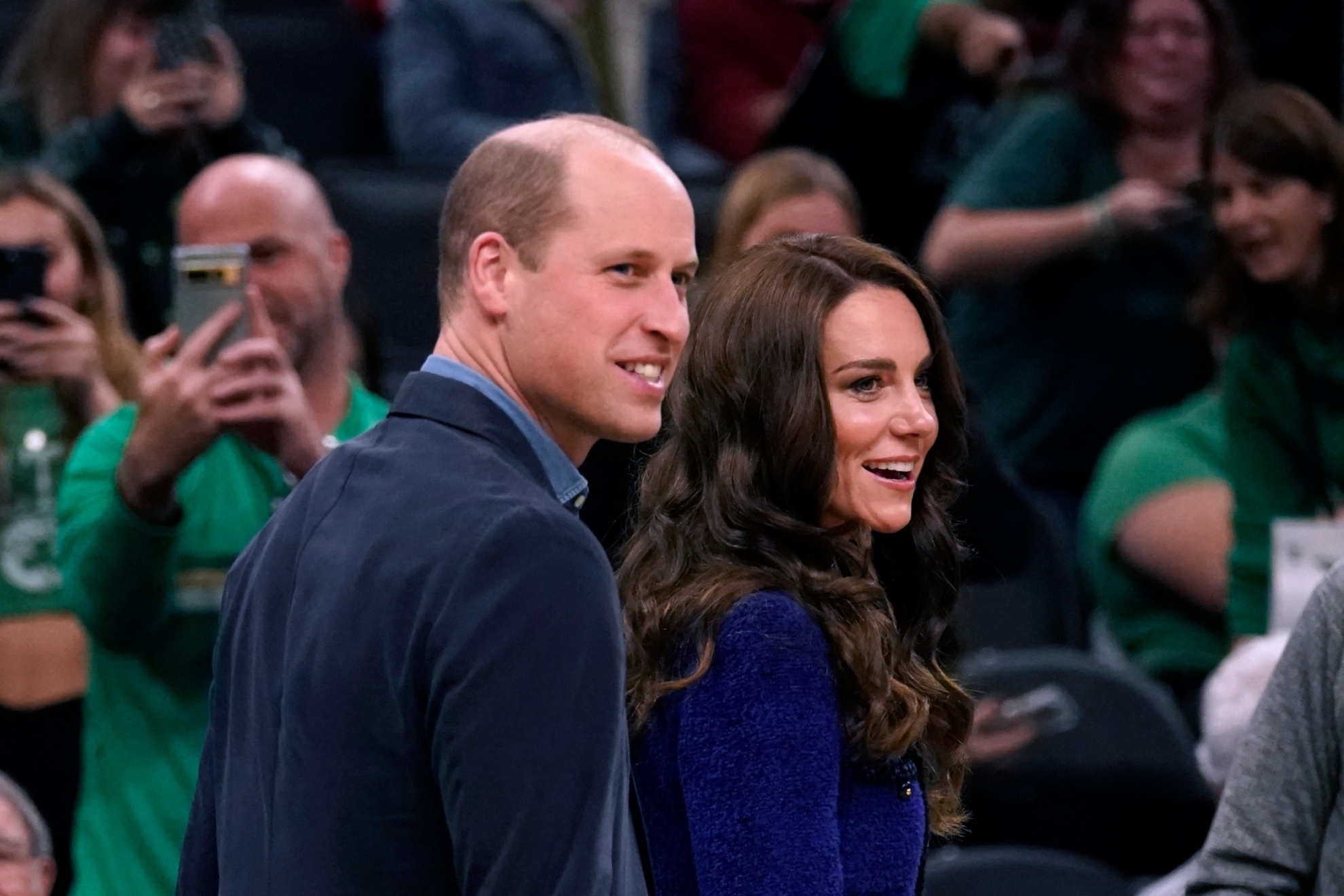 Britain's Prince William and Kate, Princess of Wales, arrive for an NBA basketball game between the Boston Celtics and the Miami Heat