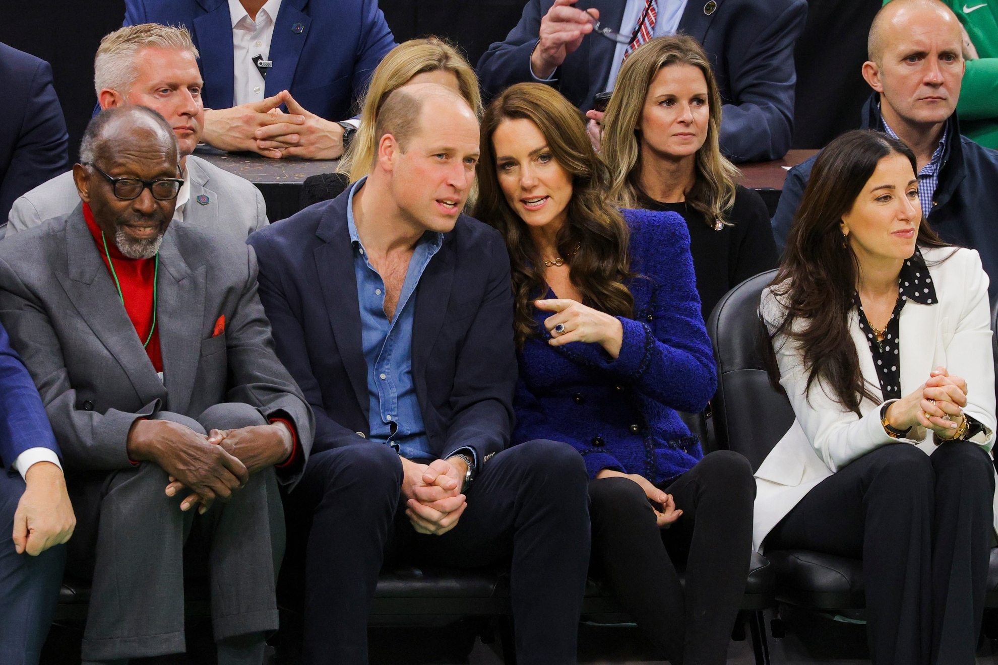 Britain's Prince William, Kate, Princess of Wales watch an NBA basketball game between the Boston Celtics and the Miami Heat in Boston