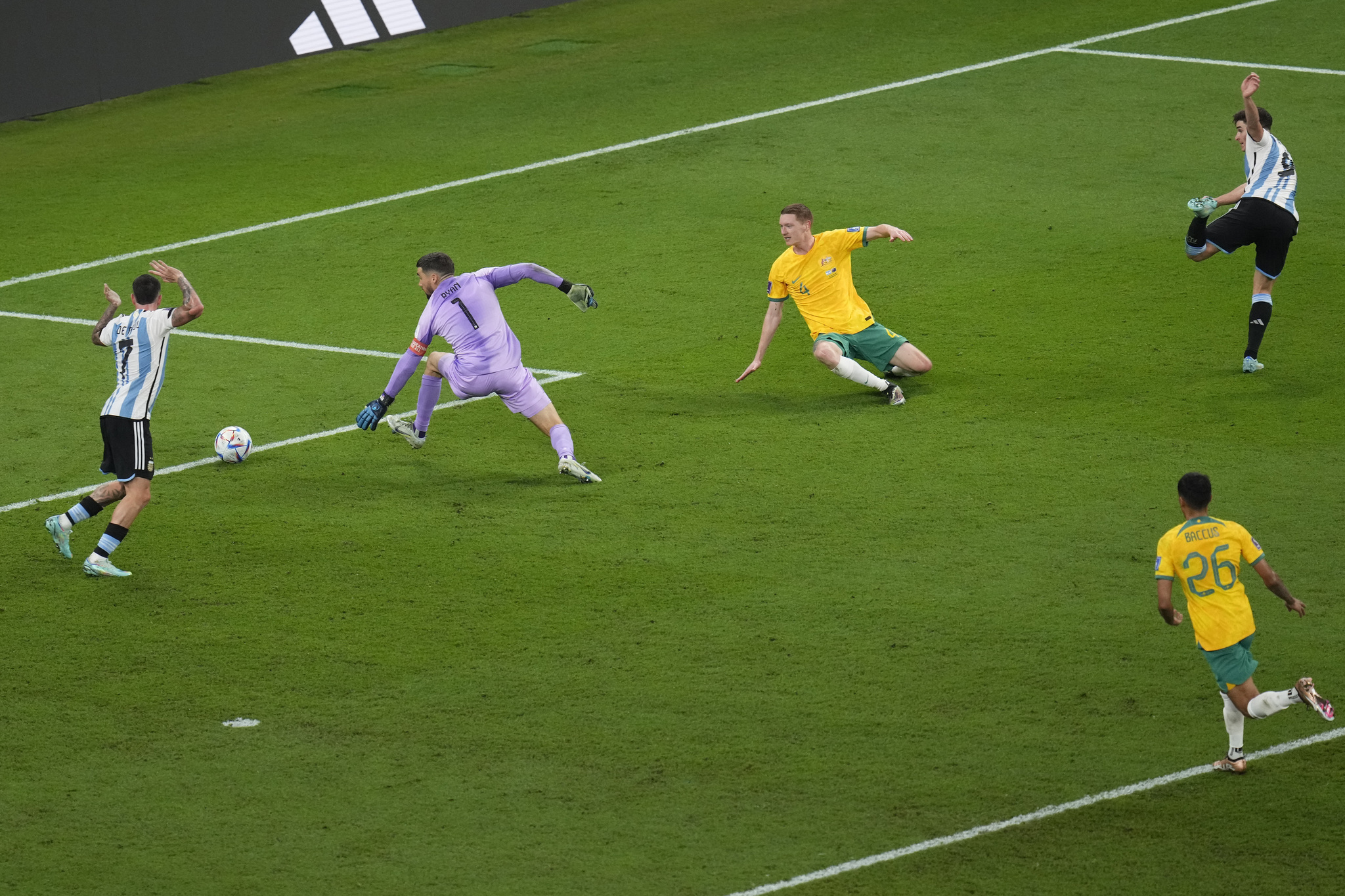 Argentina's Julian Alvarez, right, scores his side's second goal 