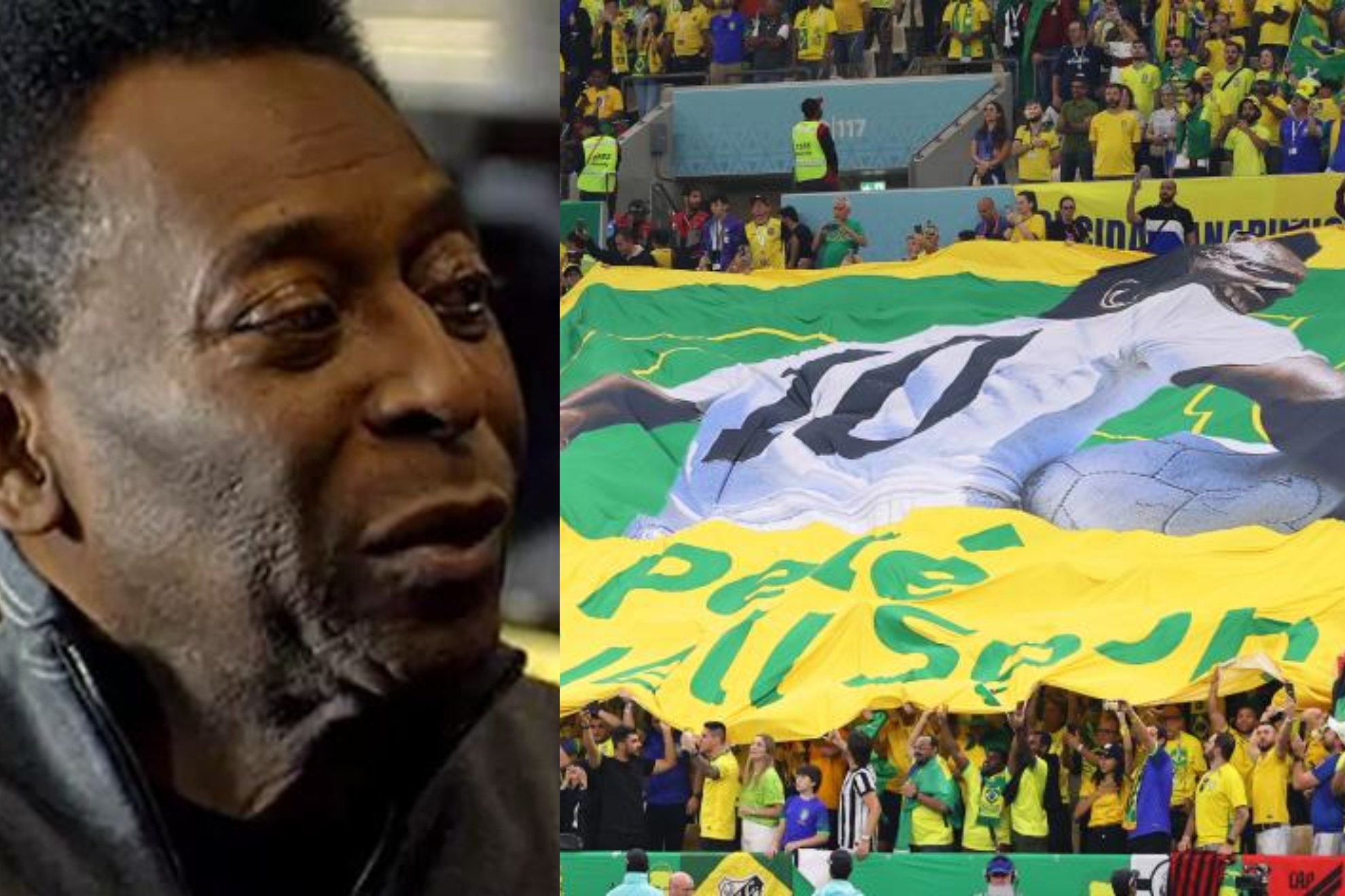 Un montaje con una imagen de Pelé y otra de la pancarta que los aficionados de Brasil desplegaron en la grada.