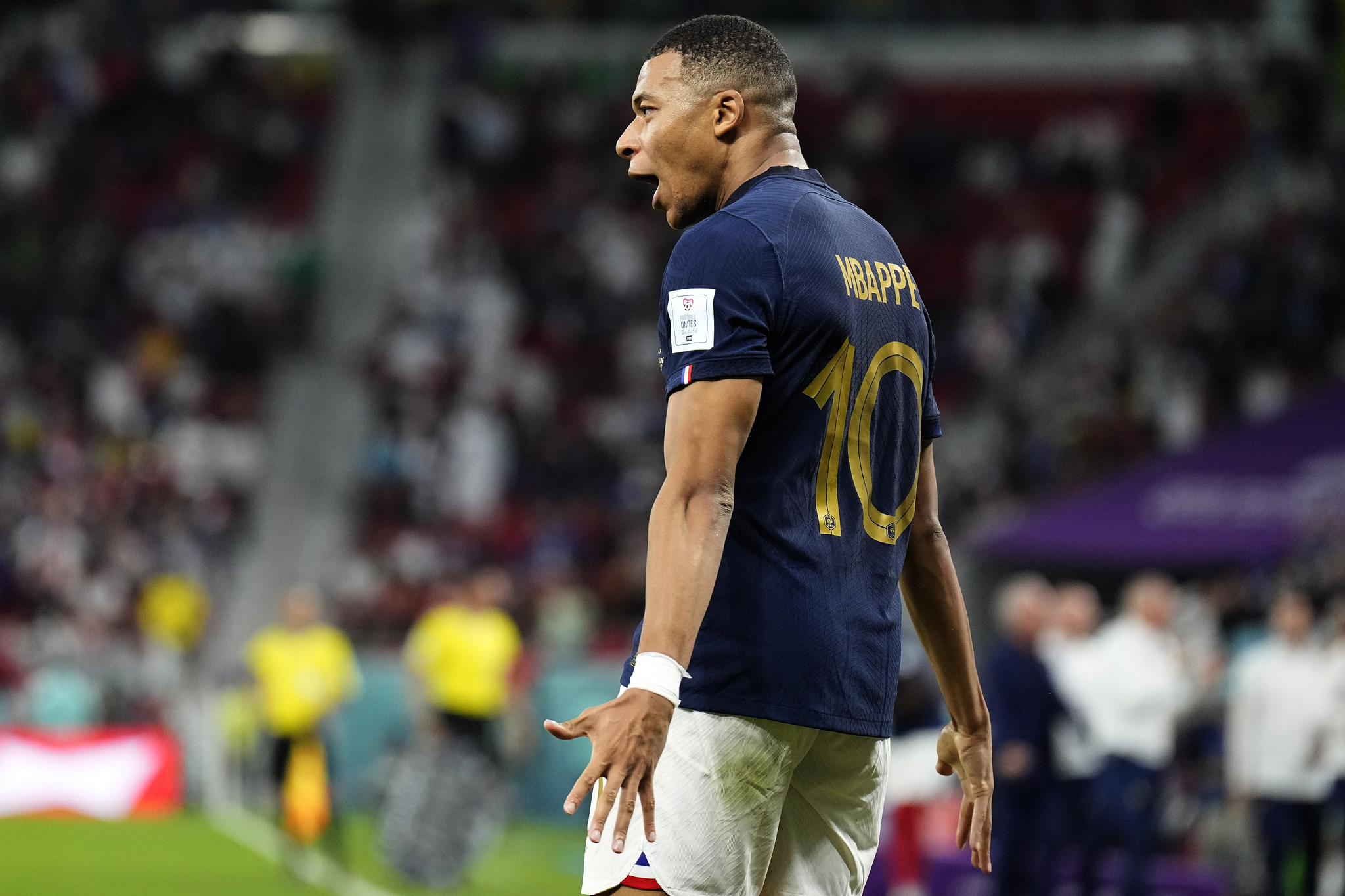 France's Kylian  lt;HIT gt;Mbappe lt;/HIT gt; celebrates scoring his side's third goal during the World Cup round of 16 soccer match between France and Poland, at the Al Thumama Stadium in Doha, Qatar, Sunday, Dec. 4, 2022. (AP Photo/Martin Meissner)