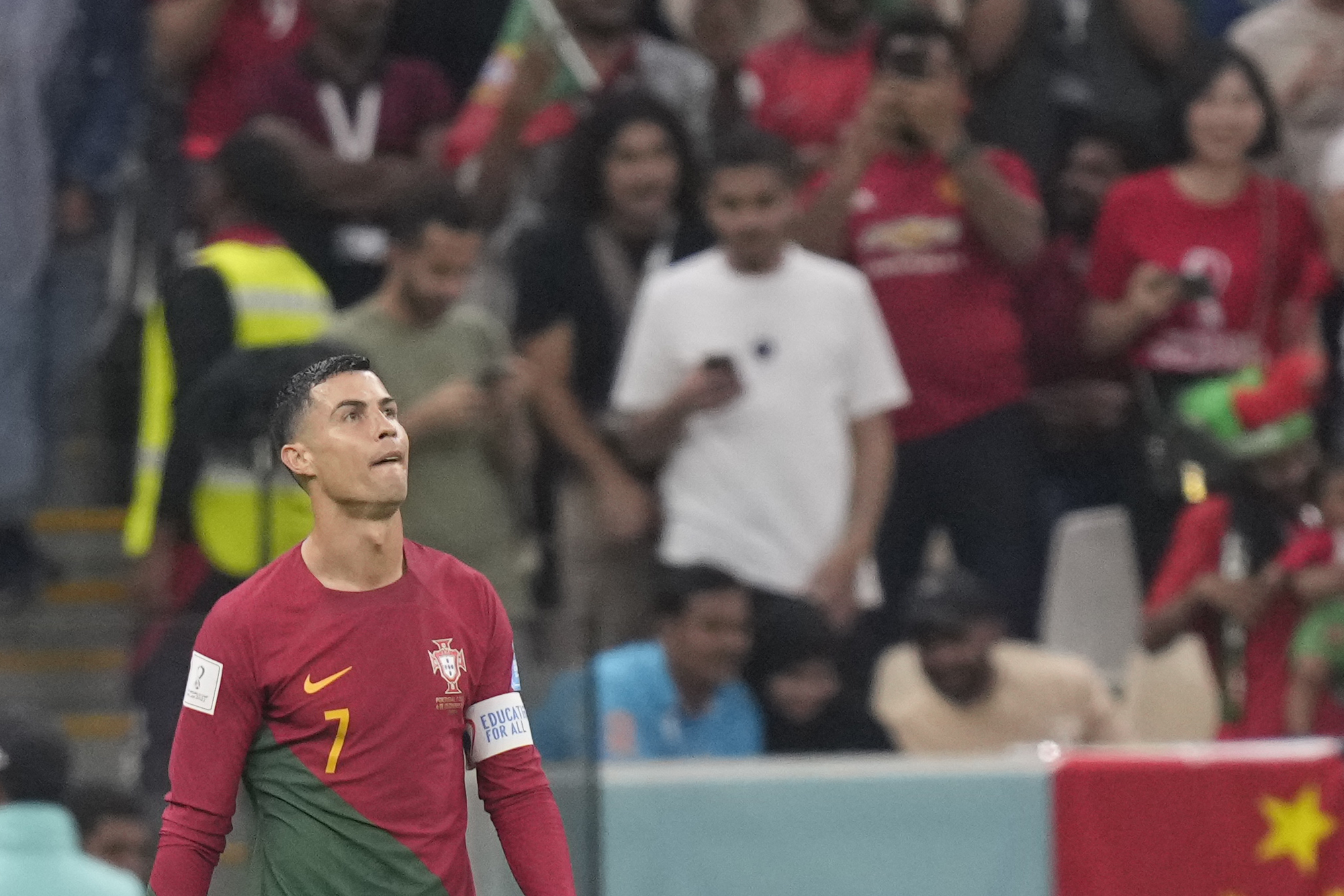 Portugal's  lt;HIT gt;Cristiano lt;/HIT gt;  lt;HIT gt;Ronaldo lt;/HIT gt; look on during the World Cup round of 16 soccer match between Portugal and Switzerland, at the Lusail Stadium in Lusail, Qatar, Tuesday, Dec. 6, 2022. (AP Photo/Darko Bandic)