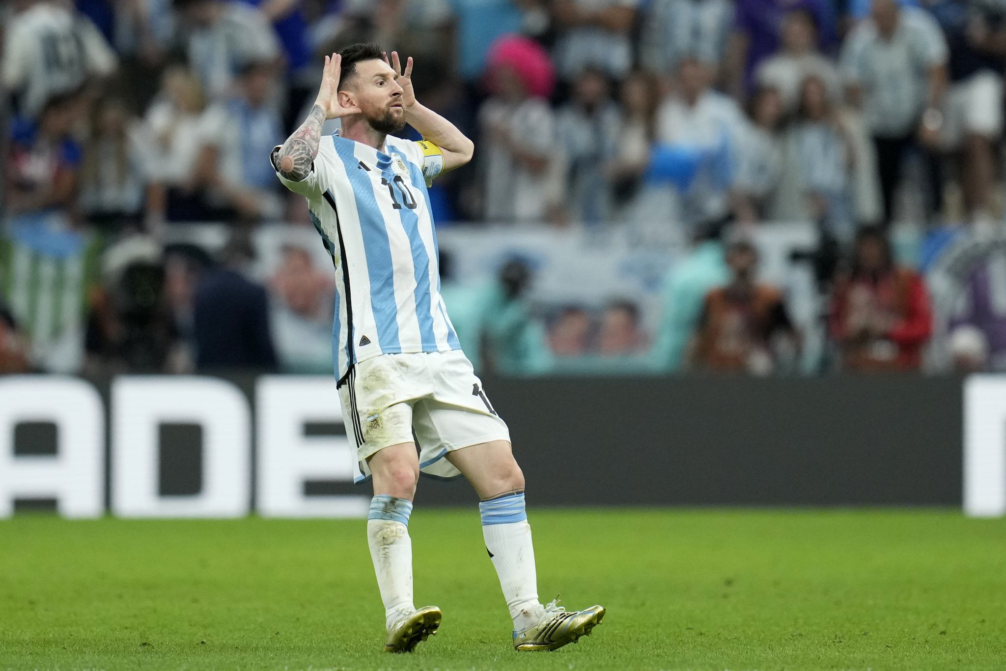 lt;HIT gt;Argentina lt;/HIT gt;'s Lionel Messi celebrates after scoring his side's second goal from the penalty spot during the World Cup quarterfinal soccer match between the Netherlands and  lt;HIT gt;Argentina lt;/HIT gt;, at the Lusail Stadium in Lusail, Qatar, Friday, Dec. 9, 2022. (AP Photo/Ricardo Mazalan)